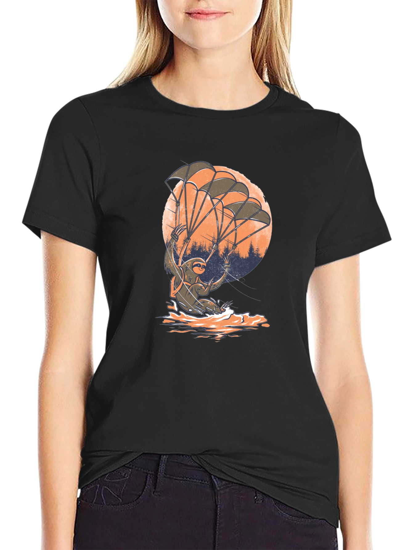 Black Sloth Parachute T-Shirt - Funny & Unique Design view 2