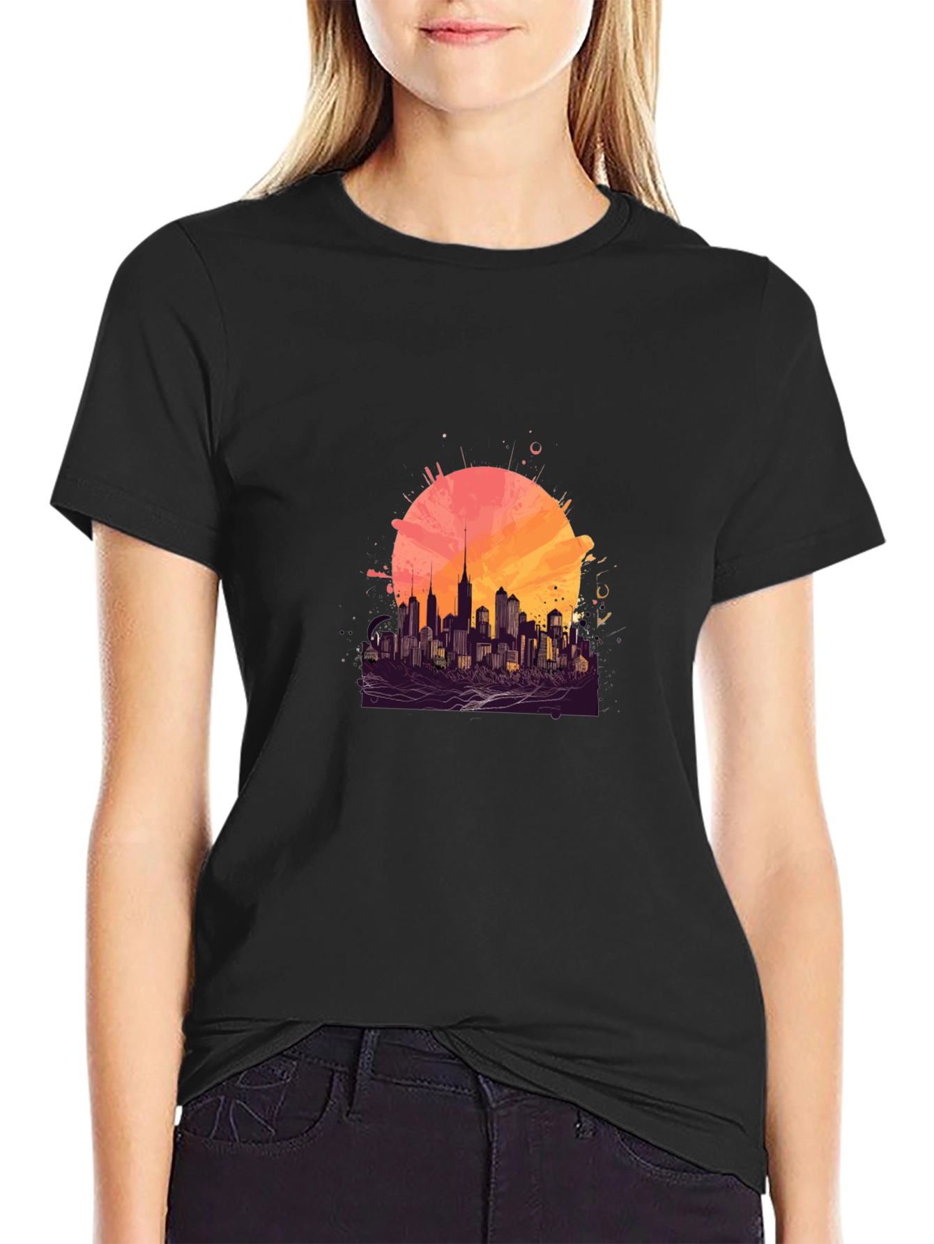 Black Urban Sunset Graphic Tee - Stylish Cityscape Design view 2