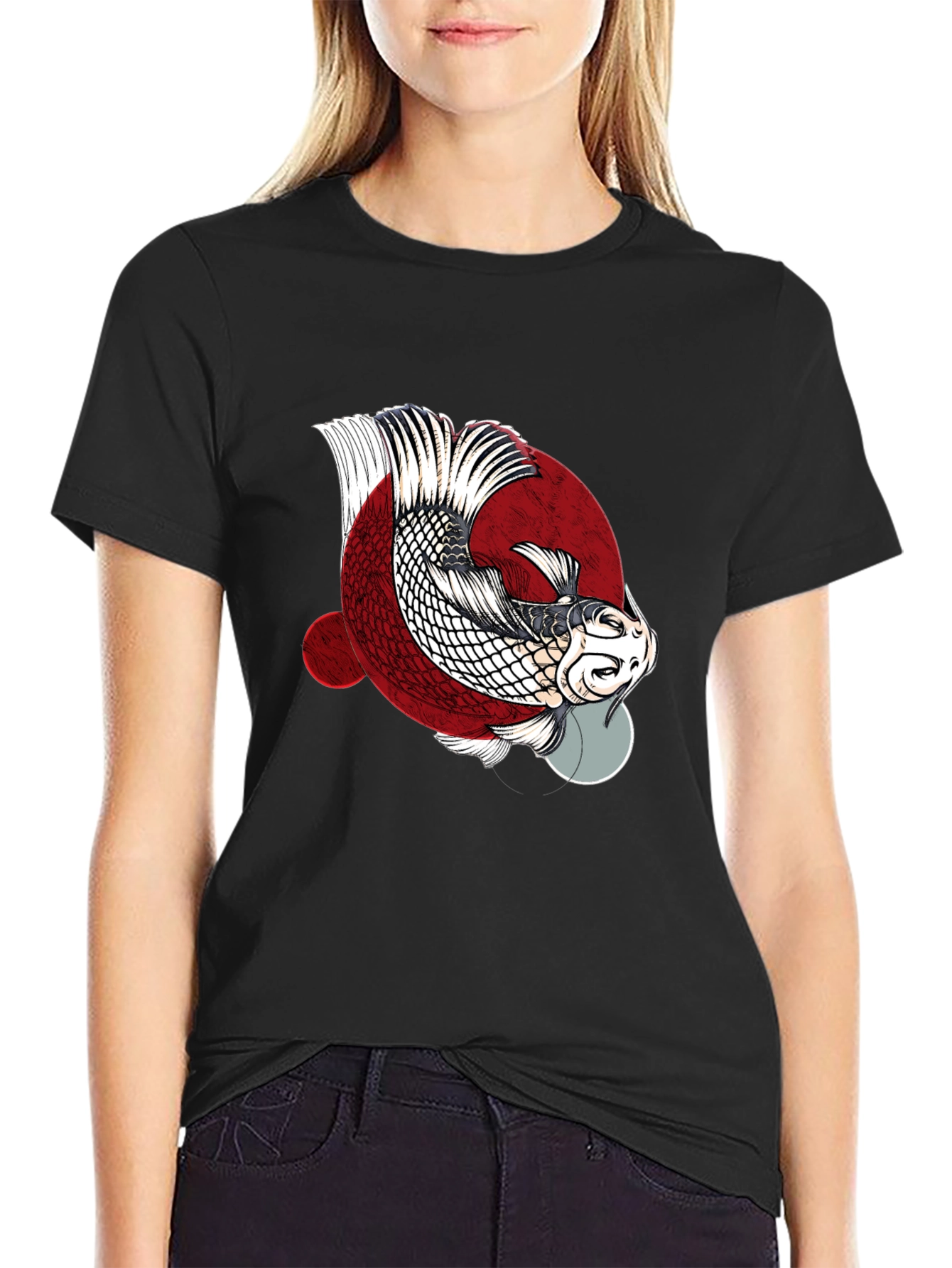Black Koi Fish Graphic Print Crew Neck T-Shirt view 2