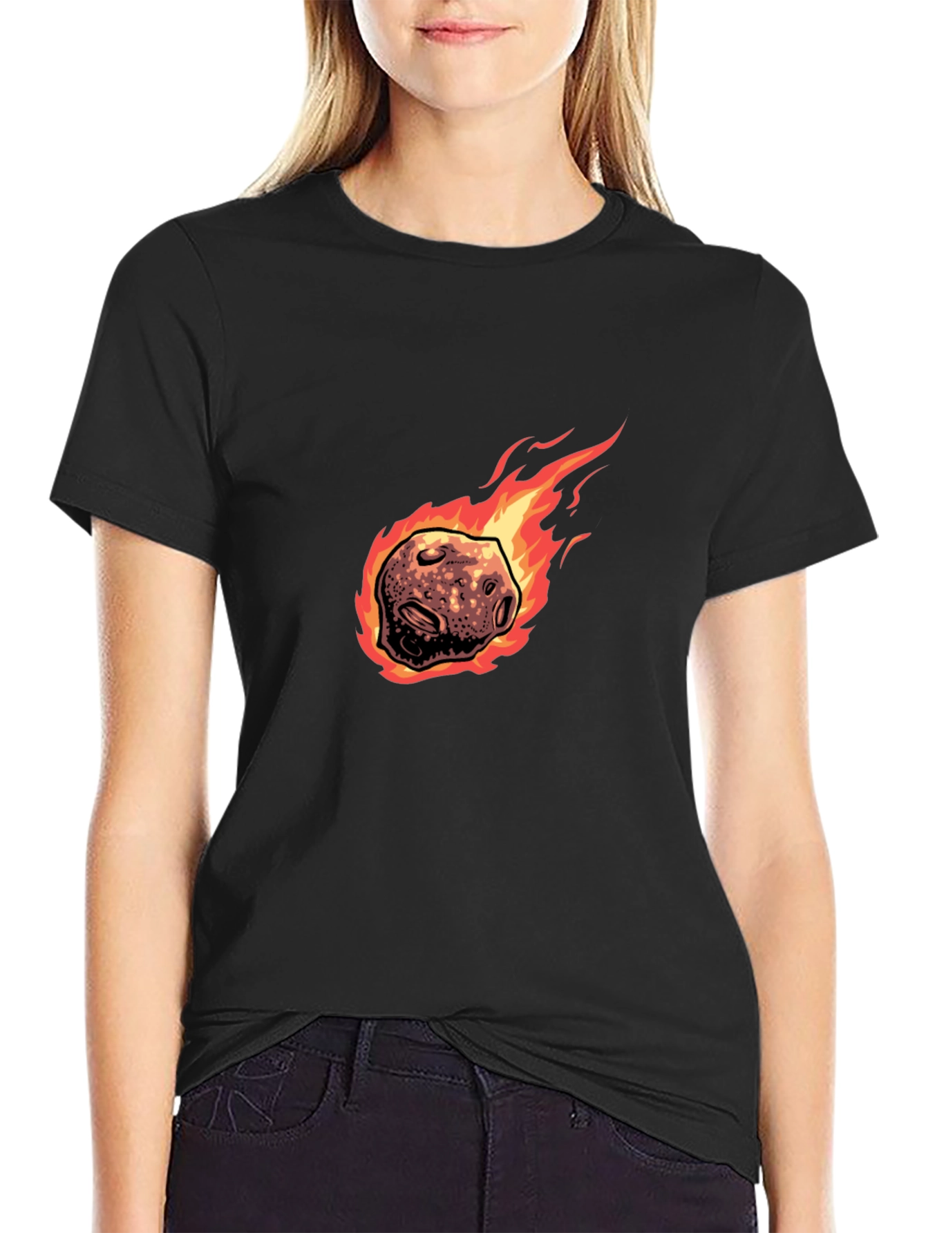 Black Flaming Meteor Graphic Tee - Black Cotton T-Shirt view 2
