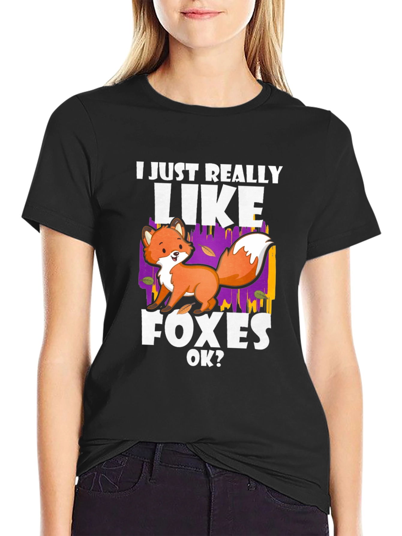 Black I Just Really Like Foxes OK? T-Shirt view 2