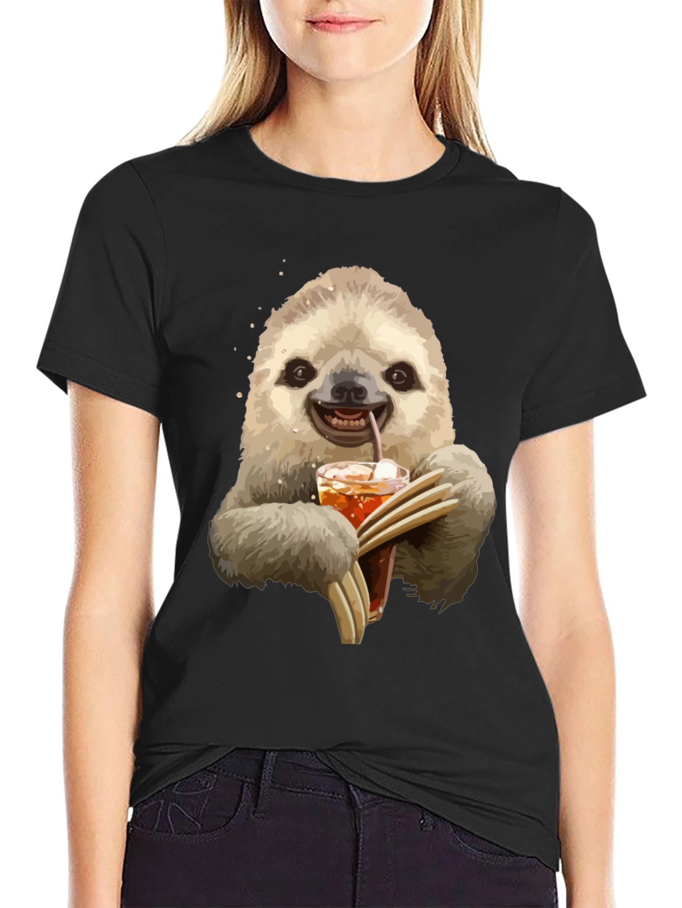 Black Sloth Drinking Iced Tea Graphic T-Shirt view 2