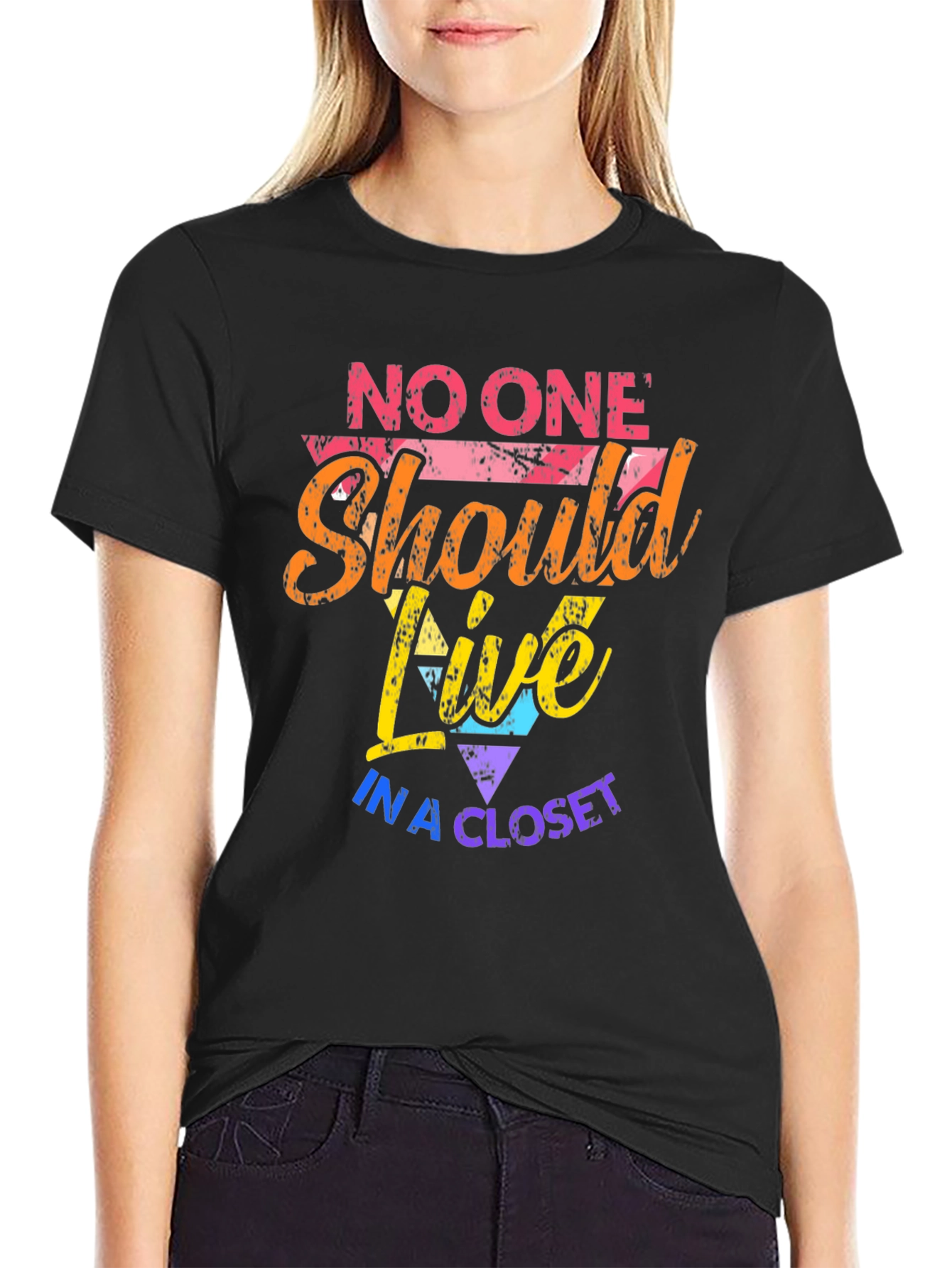 Black LGBTQ+ Pride Graphic Tee - No One Should Live in a Closet view 2