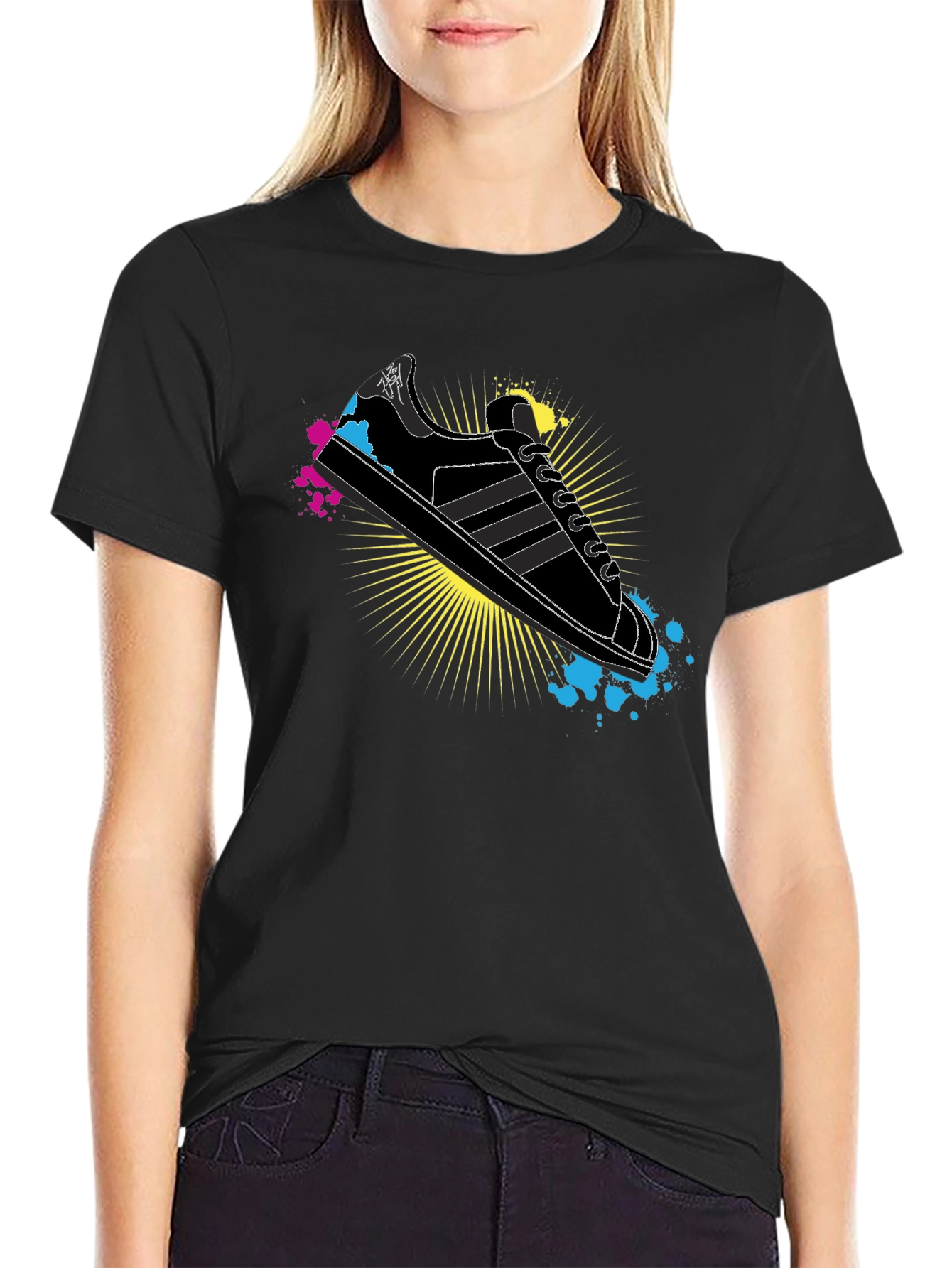 Black Stylish Graphic Print T-Shirt - Retro Sneaker Design view 2