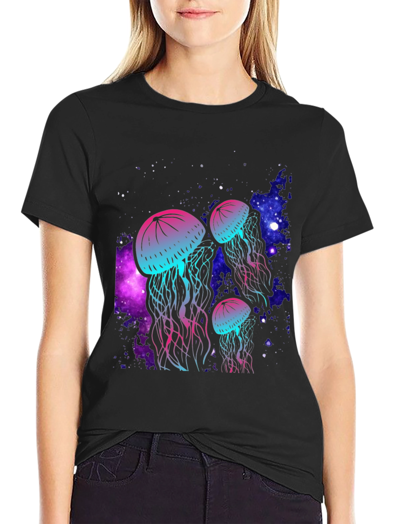 Black Neon Jellyfish Galaxy T-Shirt view 2