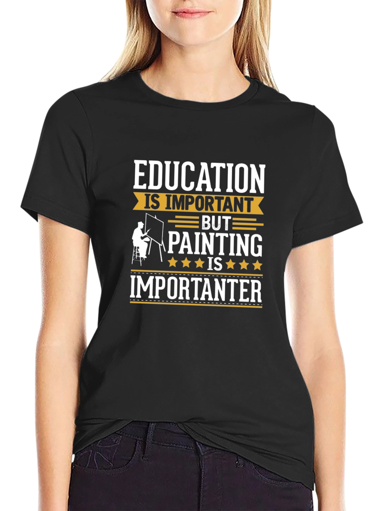 Black Education vs Painting Funny Graphic Tee view 2