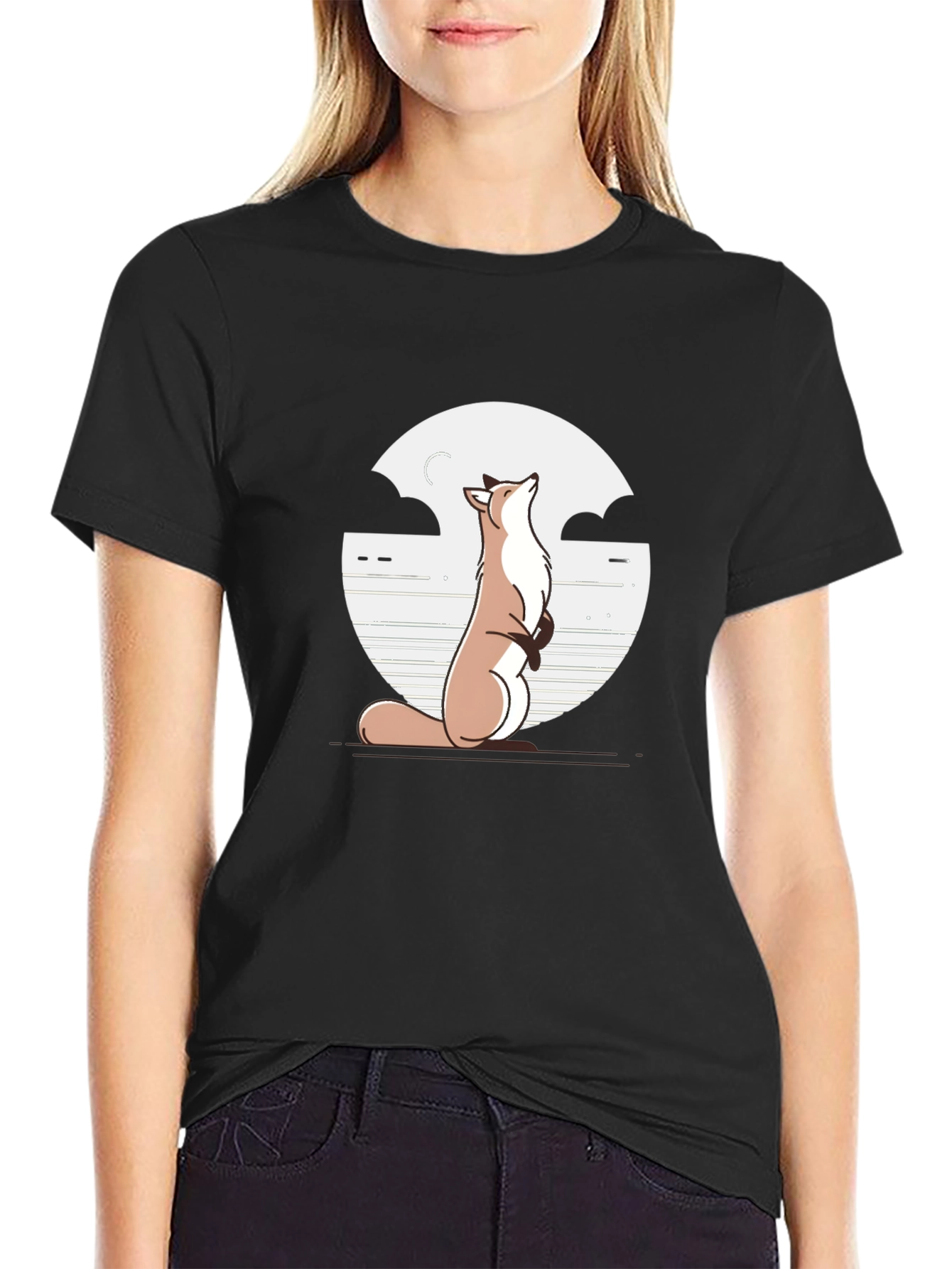 Black Fox & Moon Graphic Tee - Black Cotton T-Shirt view 2