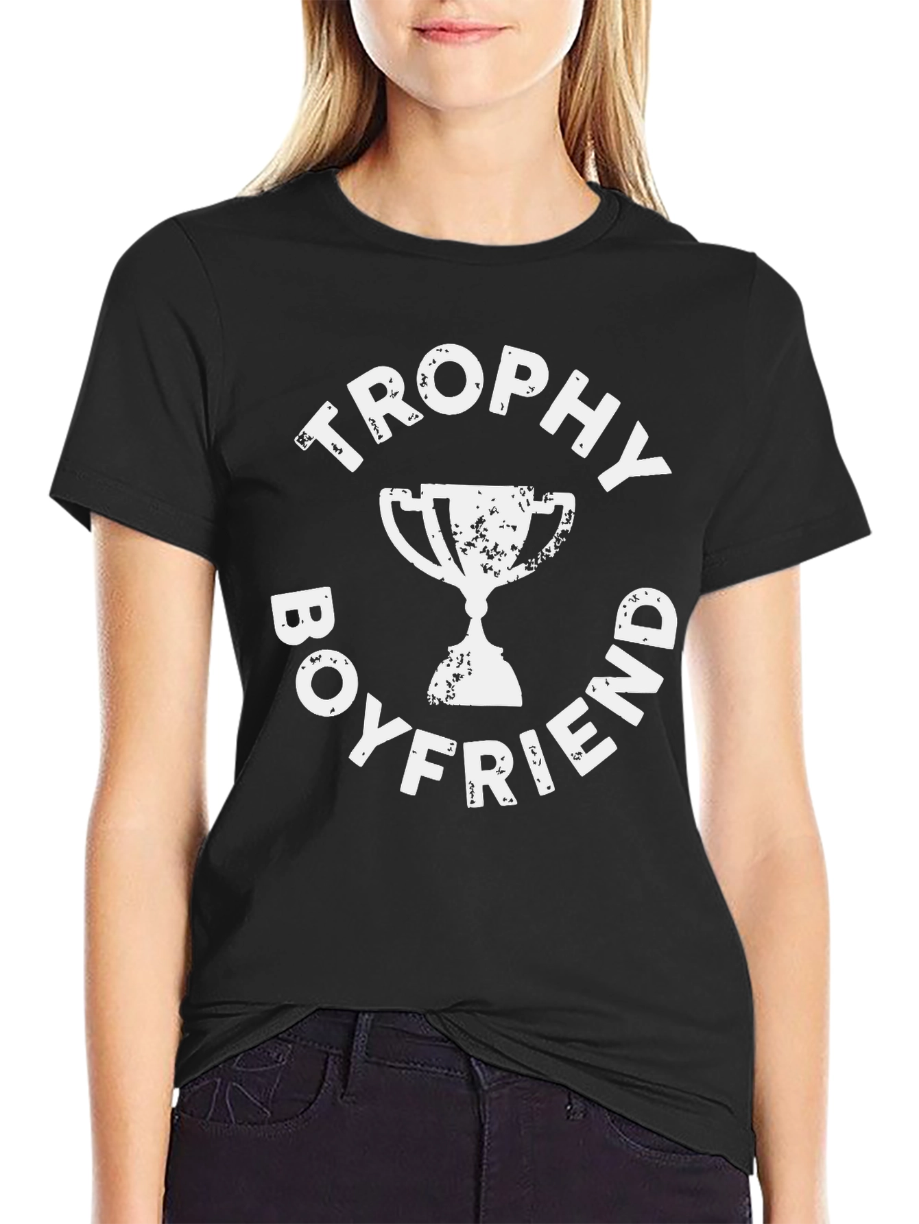 Black Trophy Boyfriend Graphic Tee - Black Cotton T-Shirt view 2