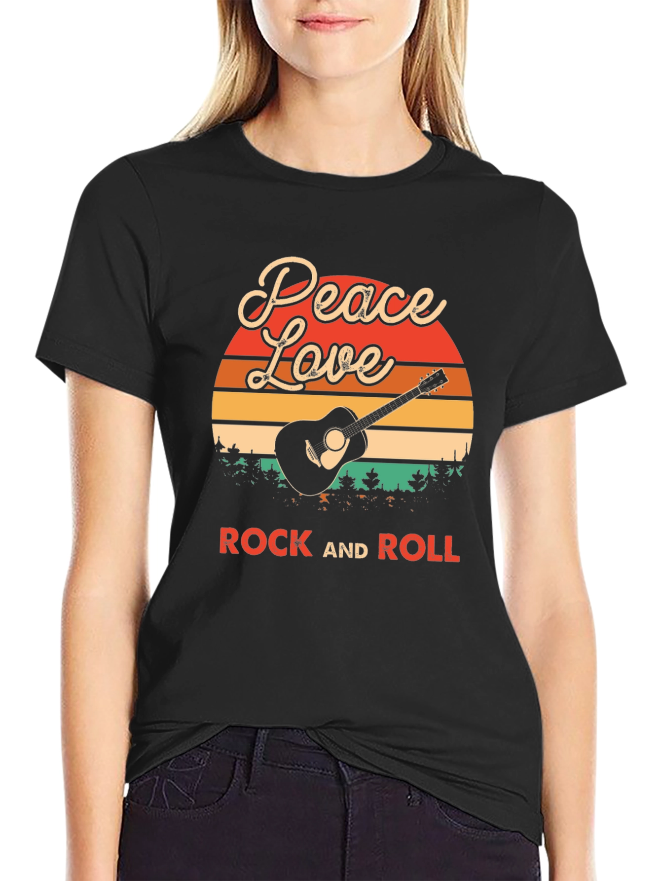 Black Peace Love Rock and Roll Graphic T-Shirt view 2