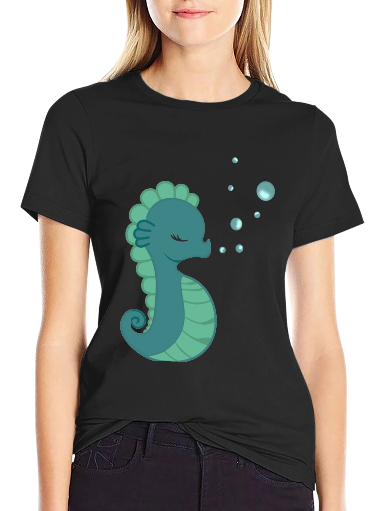 Black Seahorse Graphic T-Shirt - Black Cotton Tee view 2