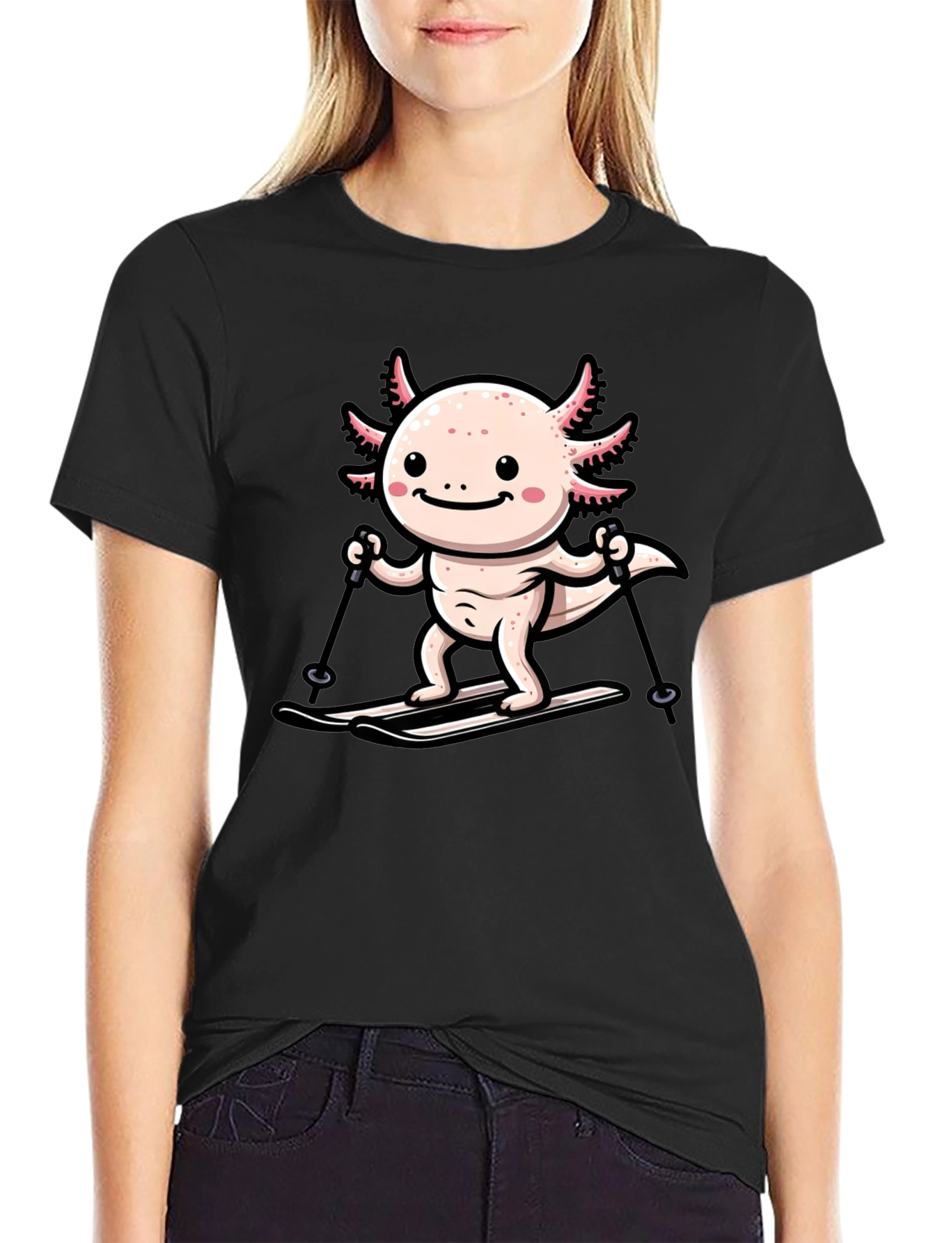 Black Axolotl Skiing Graphic Tee - Black view 2
