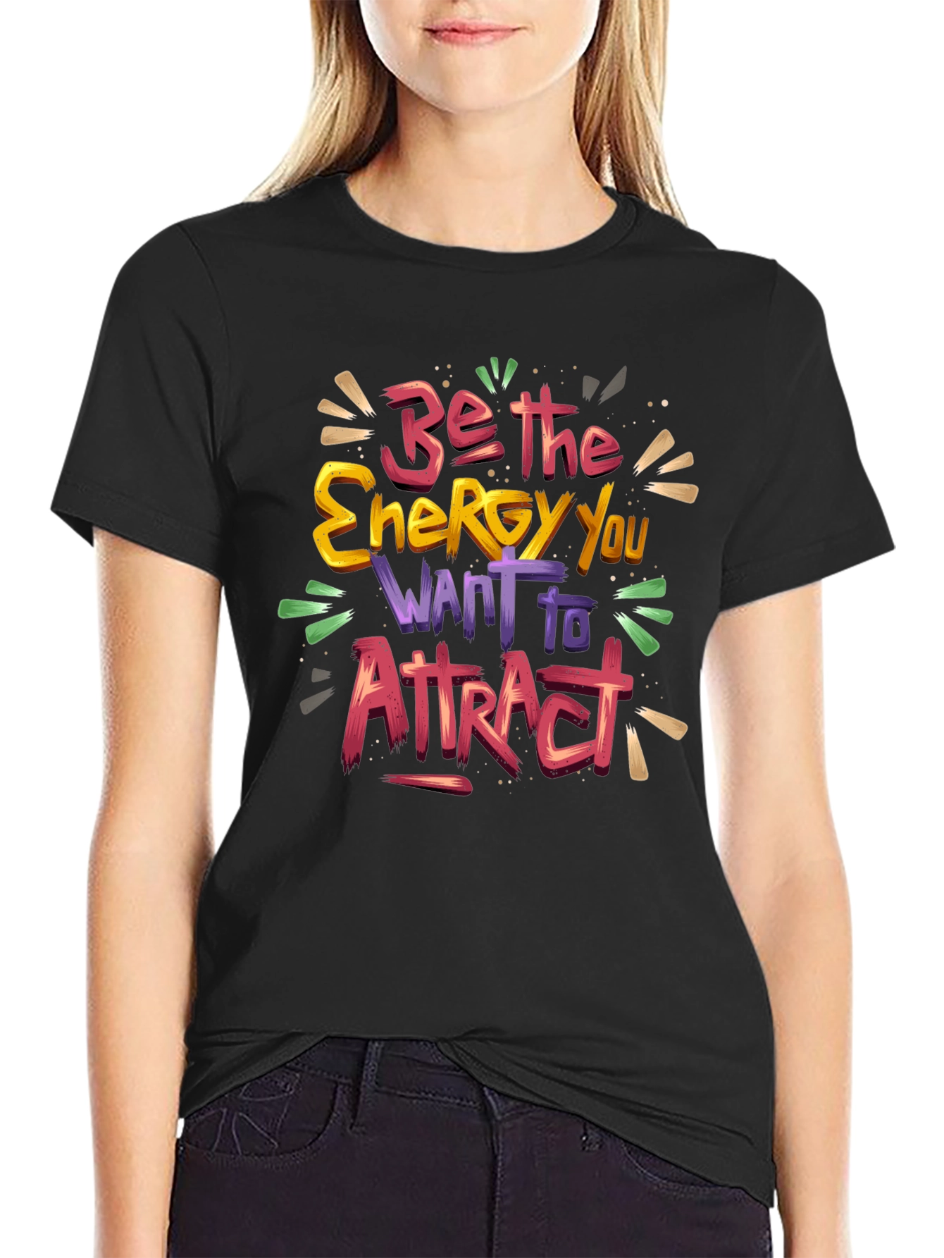 Black Inspirational Graphic Tee - 'Be The Energy' Black Cotton view 2