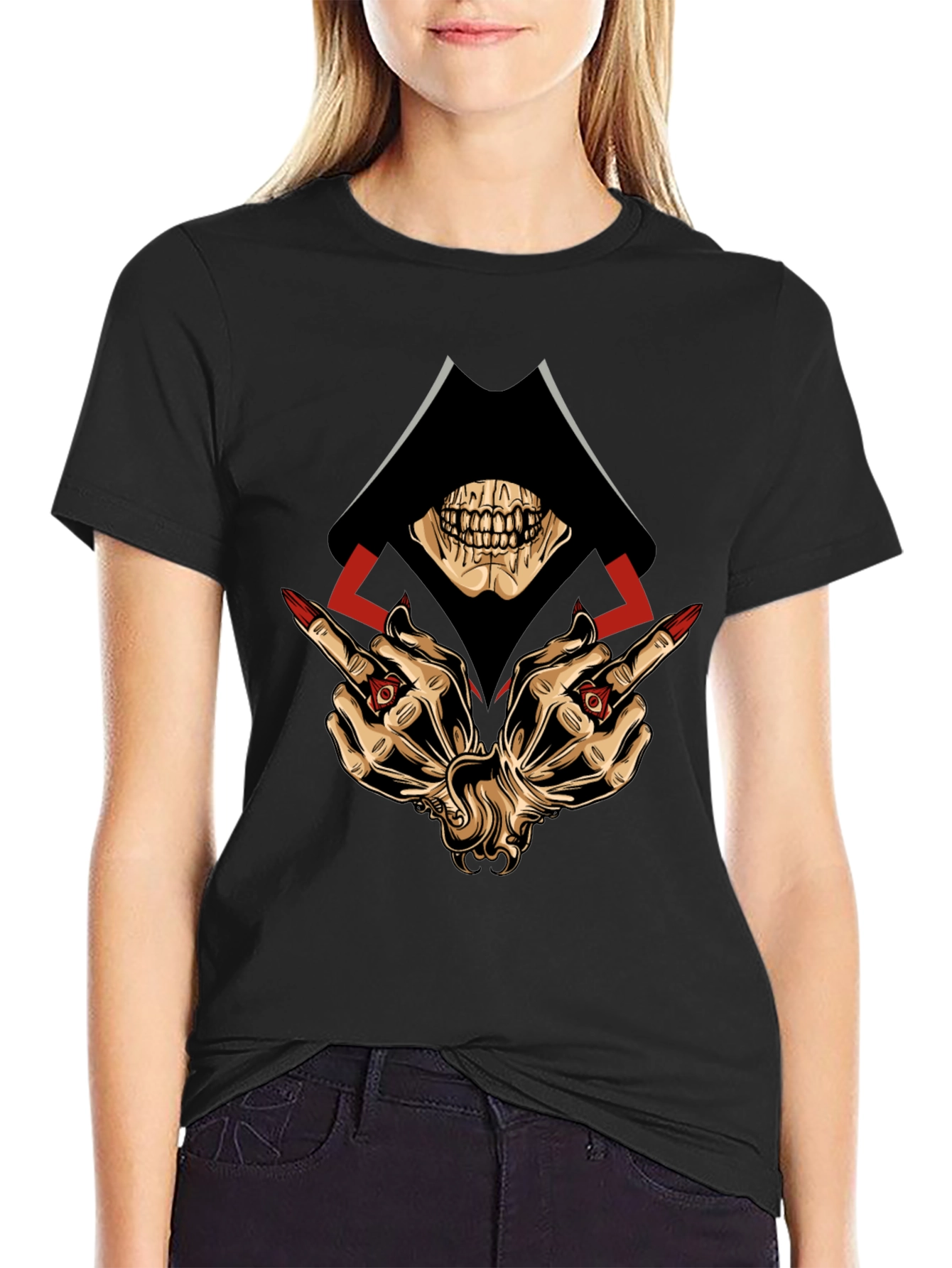 Black Grim Reaper Middle Finger Graphic T-Shirt view 2