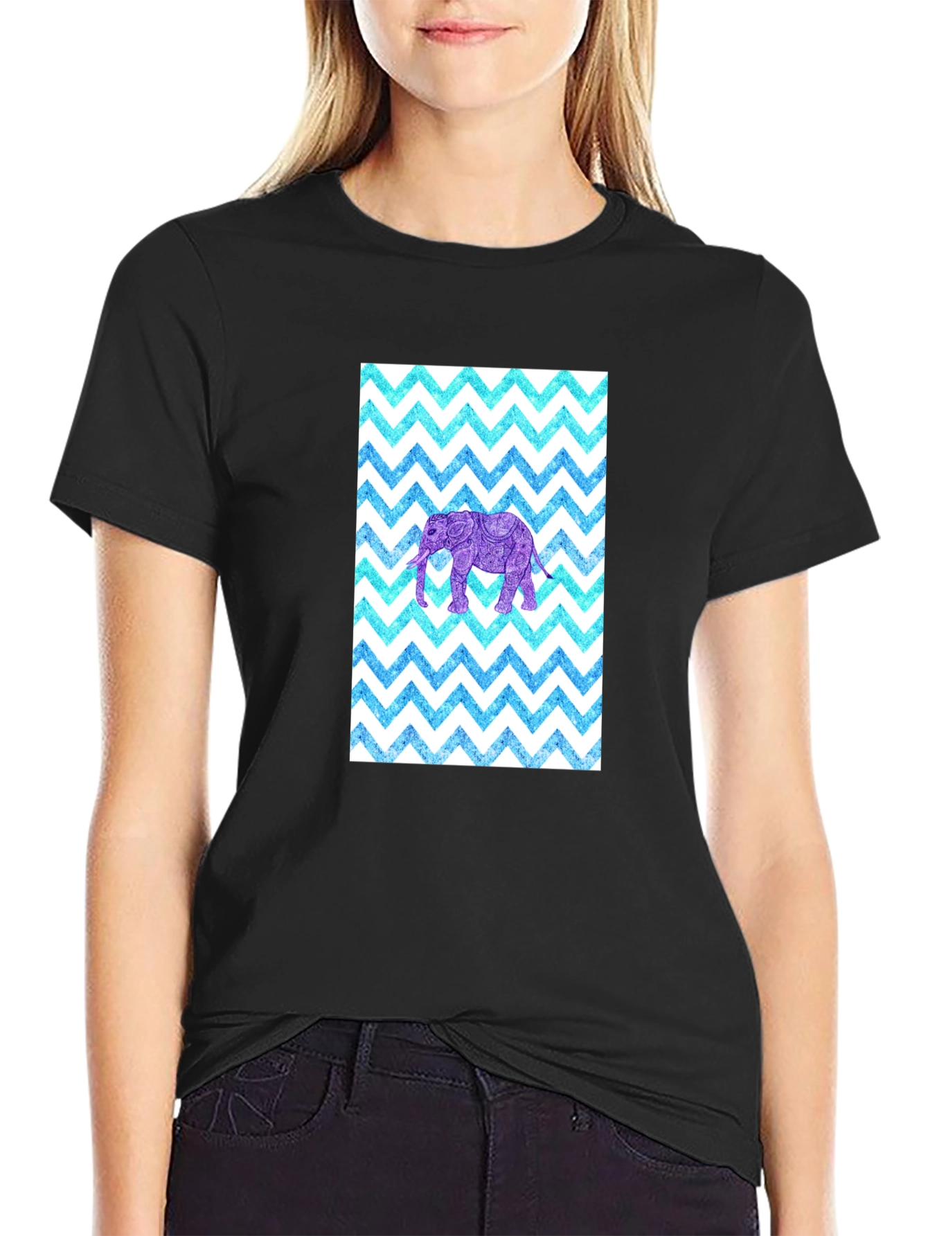 Black Elephant Zigzag Pattern T-Shirt view 2