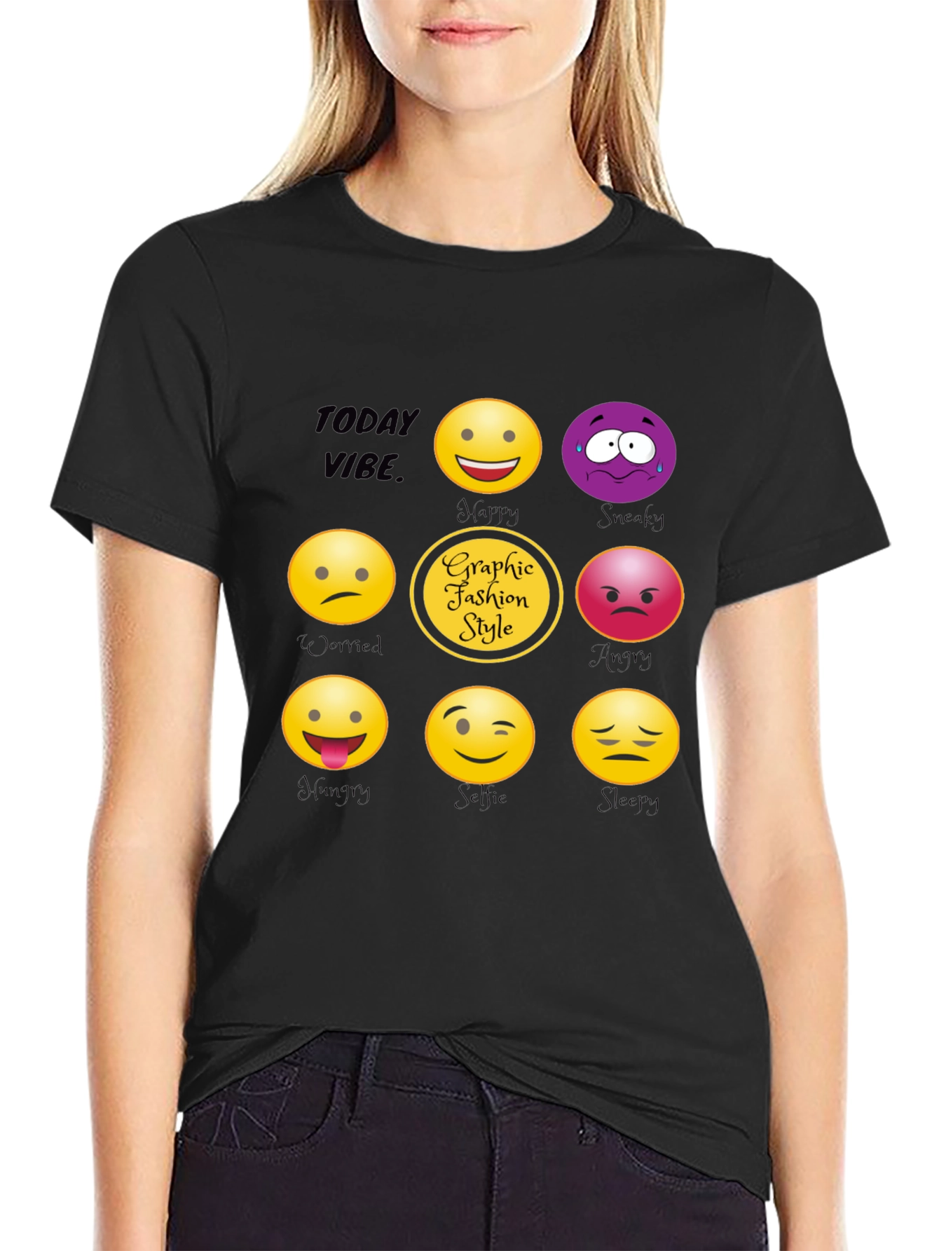 Black Today Vibe Emoji Graphic Style T-Shirt view 2