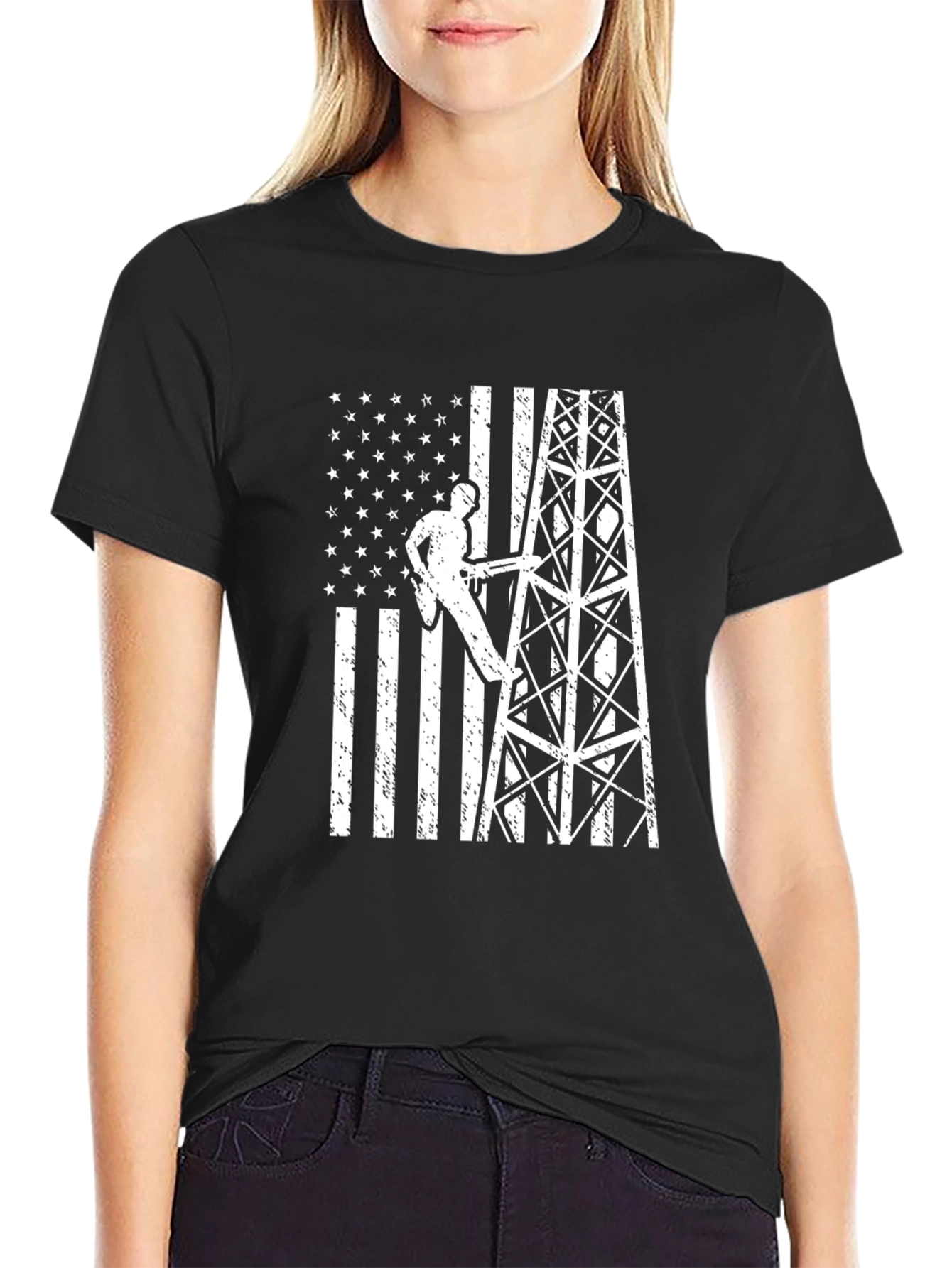Black Lineman American Flag Graphic T-Shirt view 2