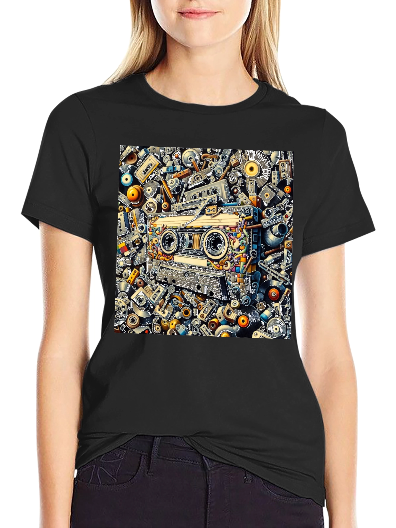Black Cassette Tape Collage Graphic Tee - Retro Style view 2