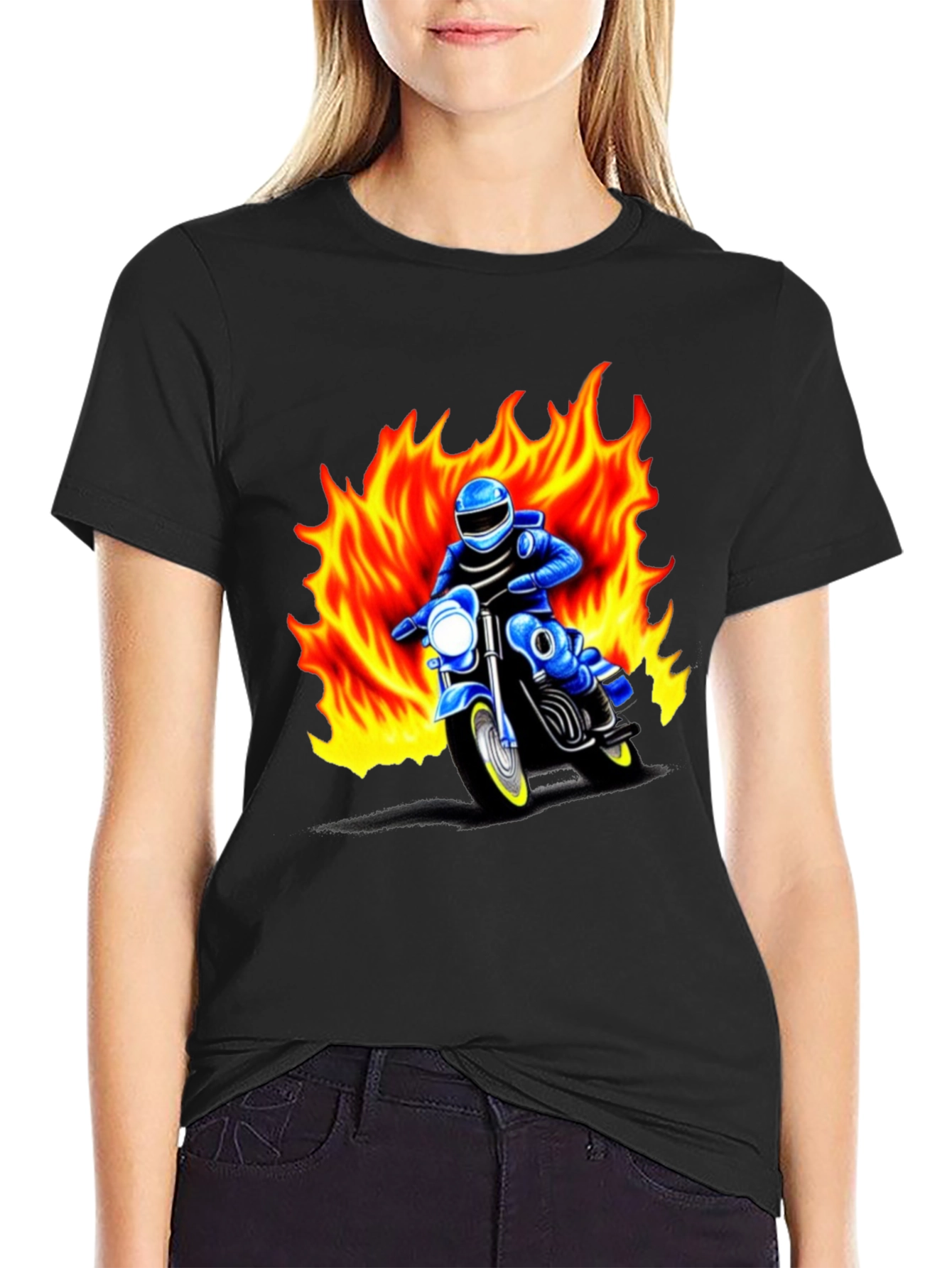 Black Men's Graphic T-Shirt - Motorcycle Rider in Flames view 2
