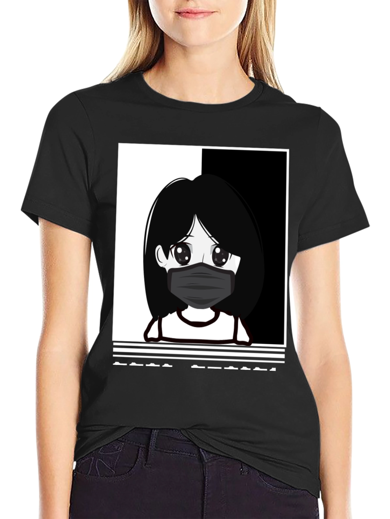 Black Anime Girl Masked Black T-Shirt view 2