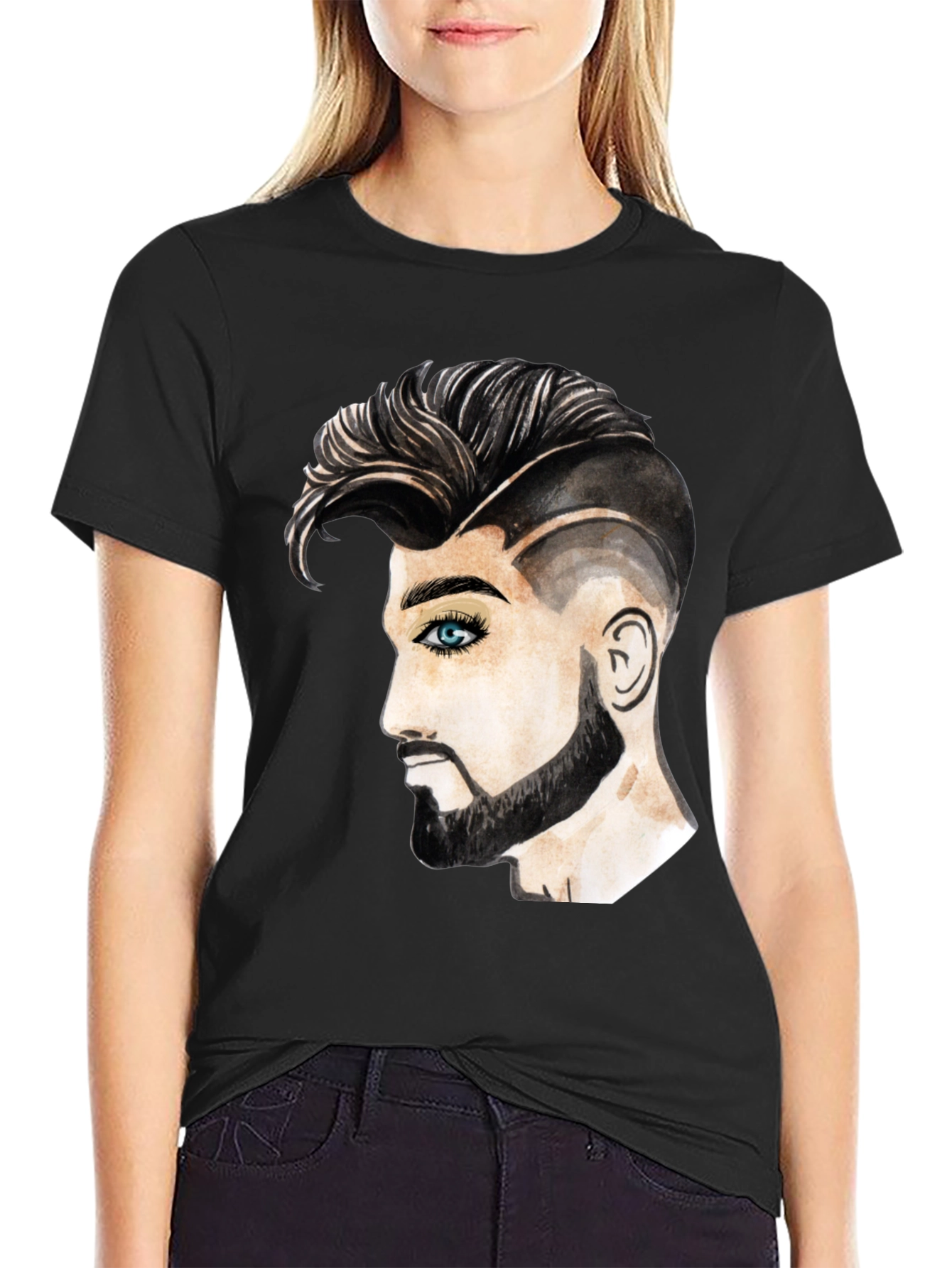 Black Graphic Print Men's T-Shirt - Handsome Man Design view 2