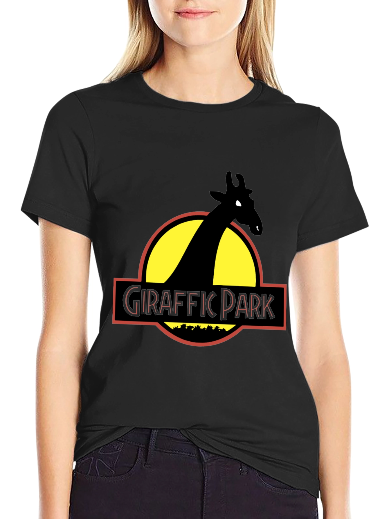 Black Giraffe Park Graphic Tee - Jurassic Humor T-Shirt view 2