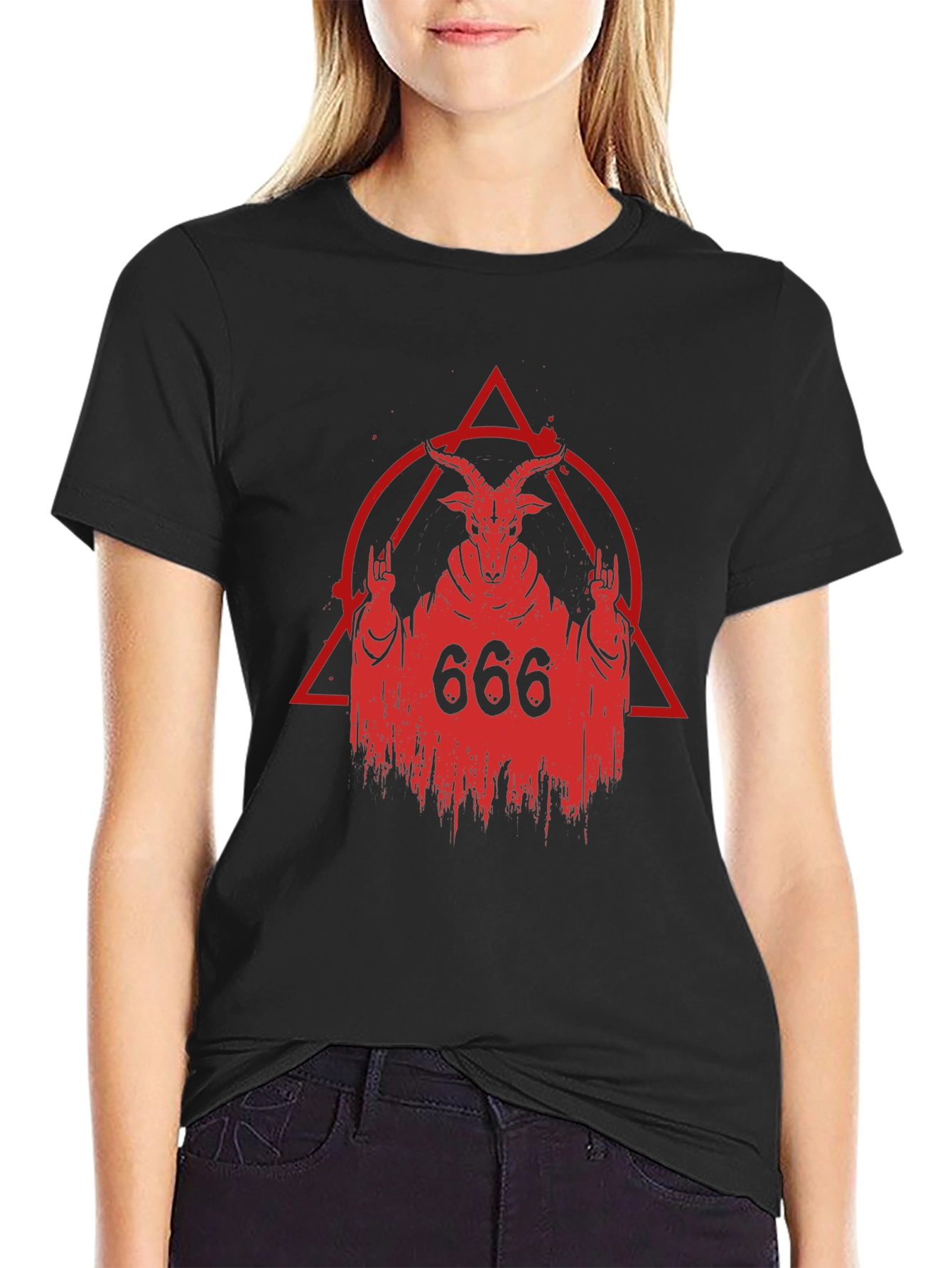 Black Occult Goat Head Graphic Print T-Shirt view 2