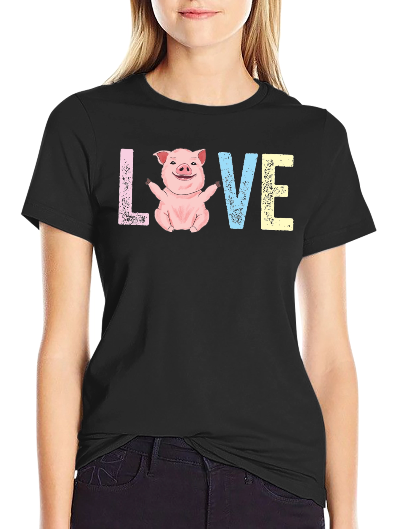 Black Cute Pig LOVE Graphic T-Shirt - Unisex Crew Neck view 2