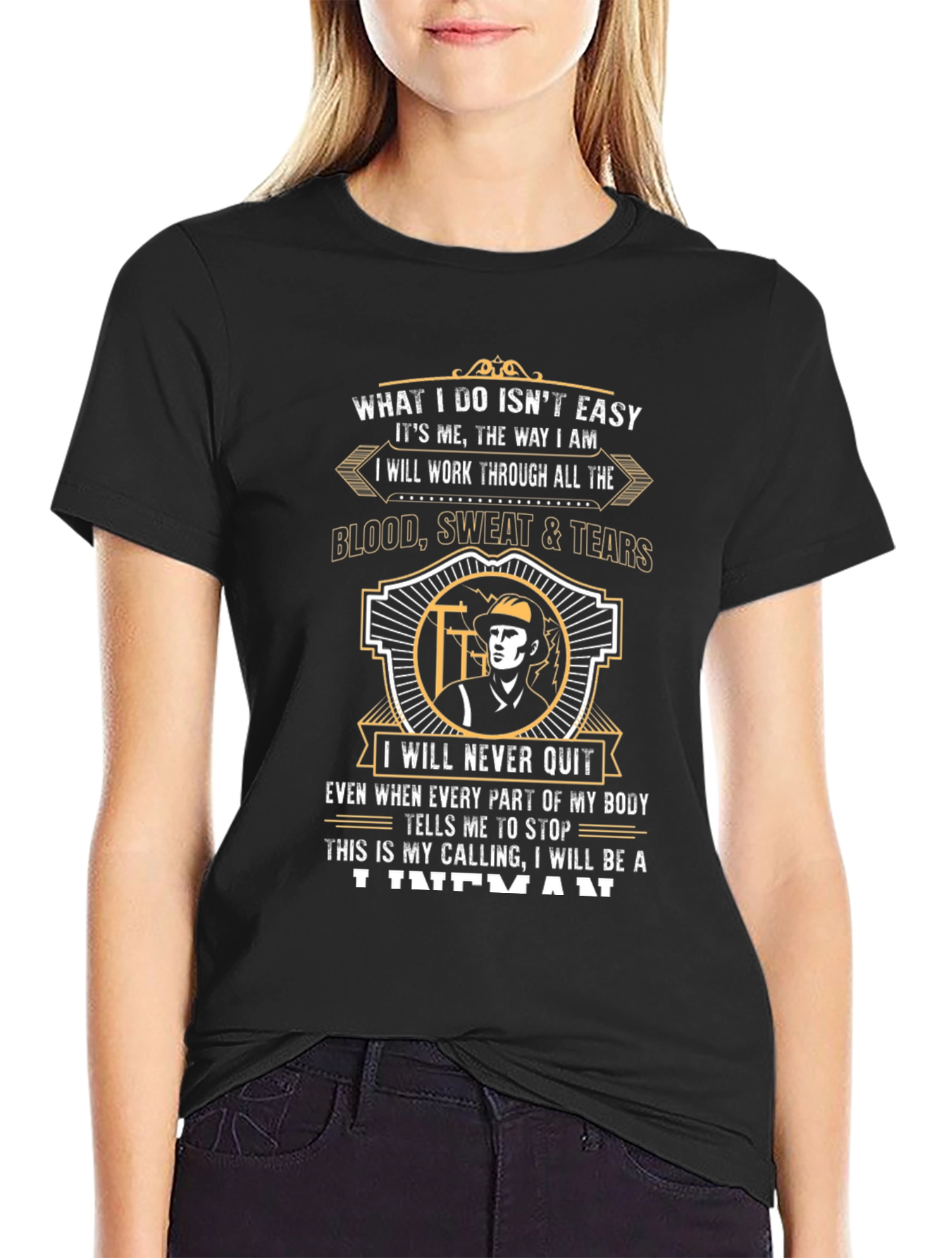 Black Lineman T-Shirt - What I Do Isn't Easy Tee view 2