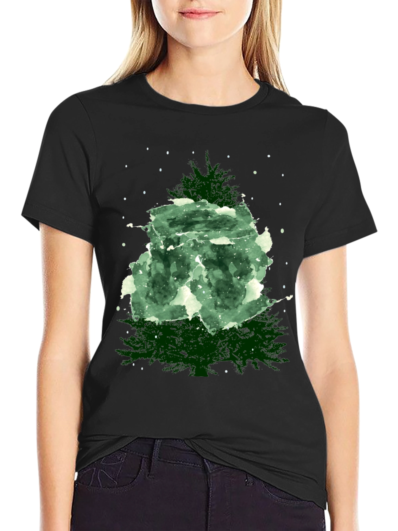 Black Watercolor Christmas Tree Graphic Tee view 2