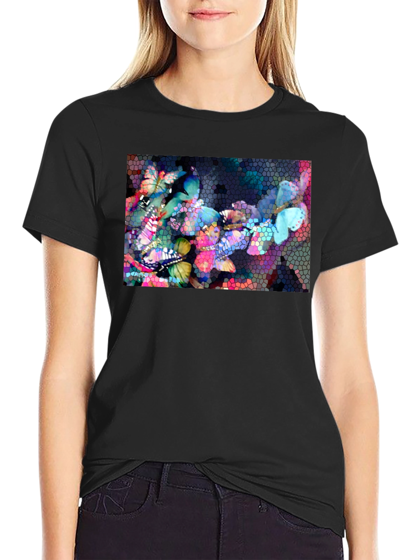 Black Butterfly Mosaic Graphic Tee - Stylish Black T-Shirt view 2