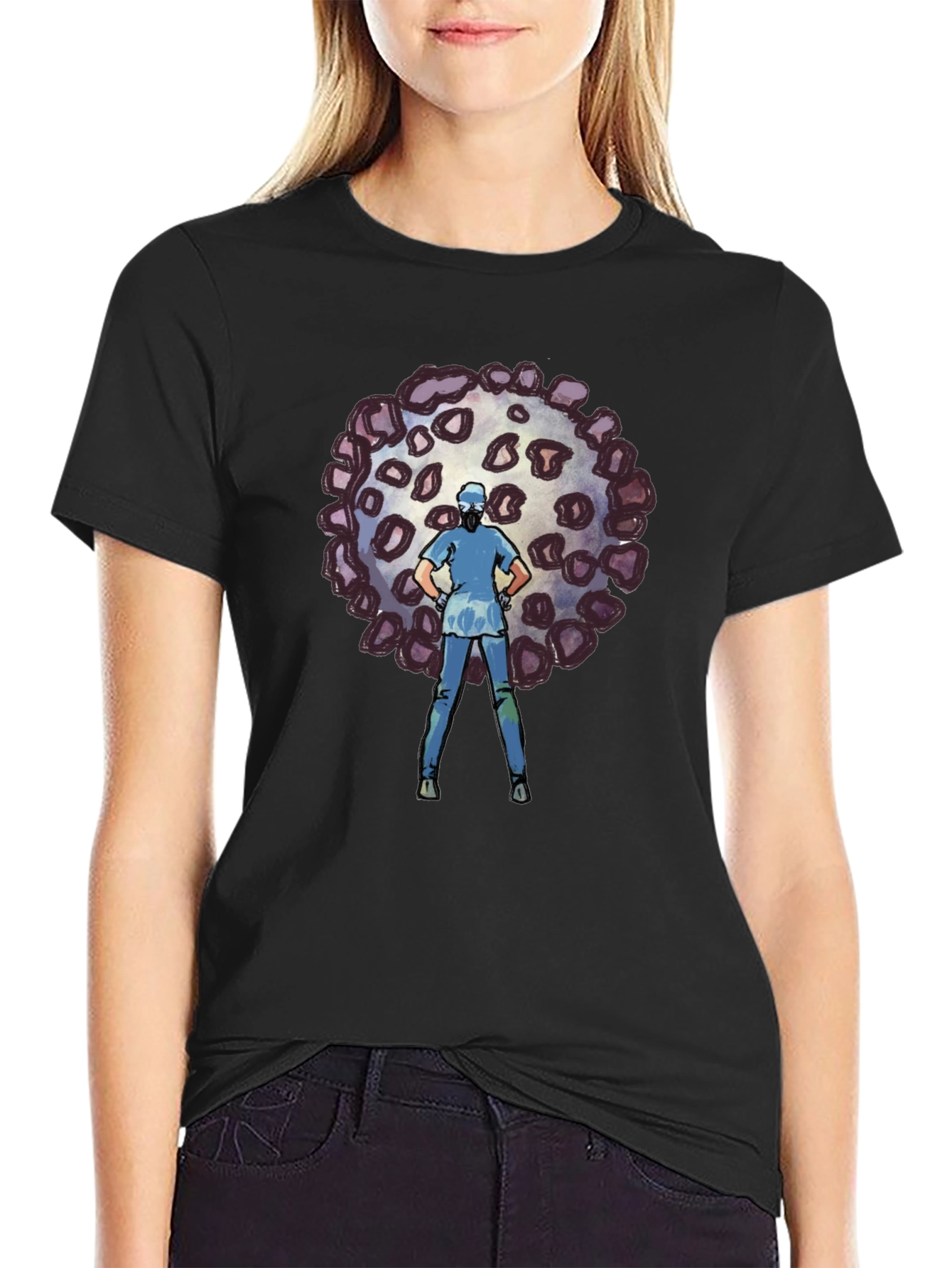 Black Heroic Nurse vs Virus Graphic Tee - Black Cotton T-Shirt view 2