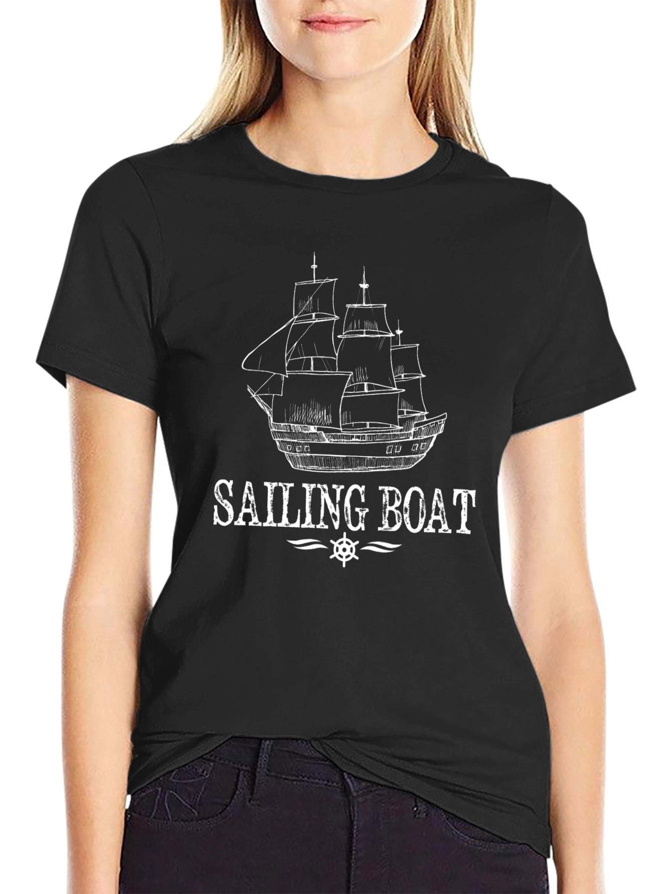 Black Sailing Boat Graphic Tee | Nautical T-Shirt view 2