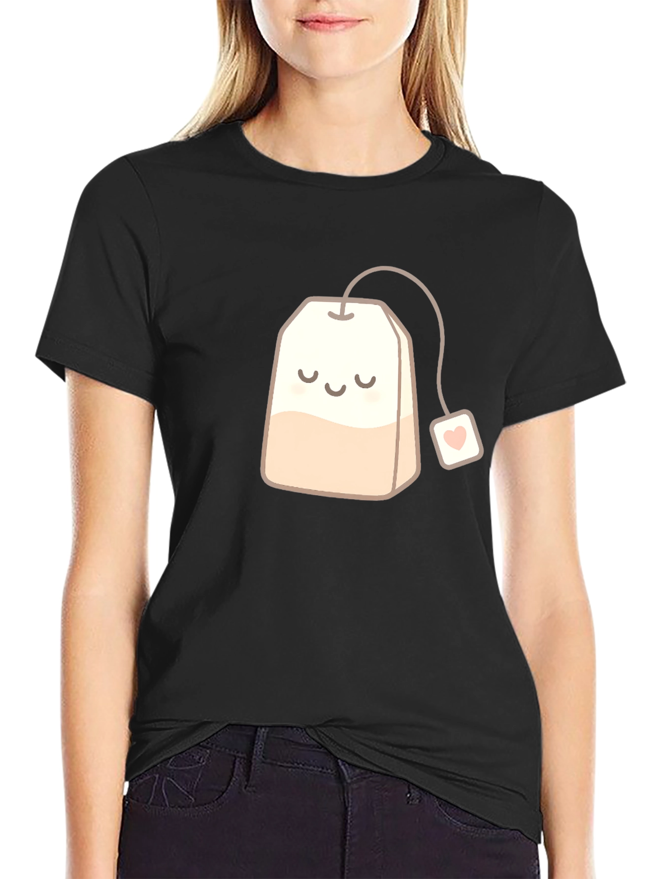 Black Cute Smiling Teabag Black T-Shirt view 2