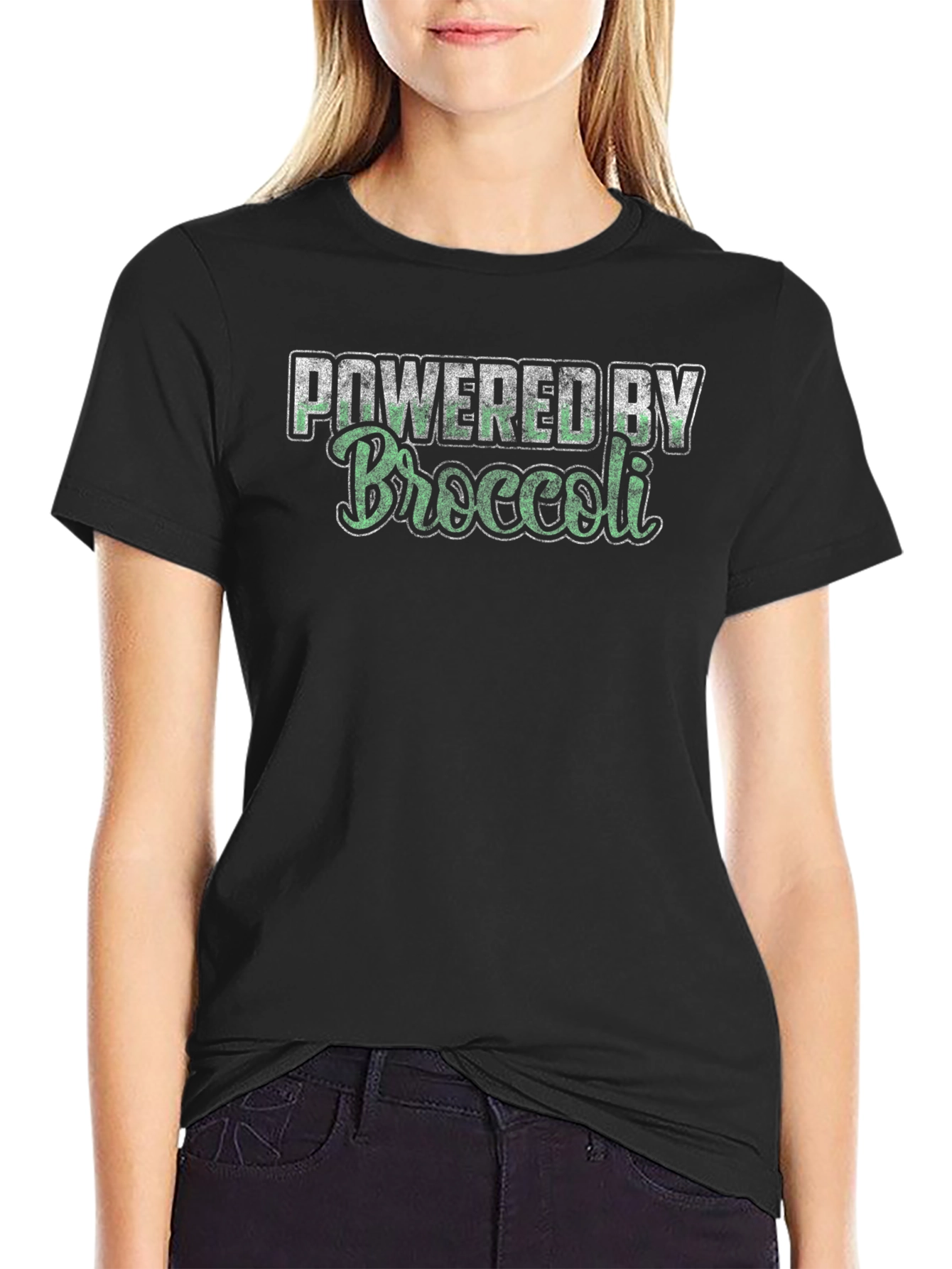 Black Powered by Broccoli Funny T-Shirt Vegan view 2