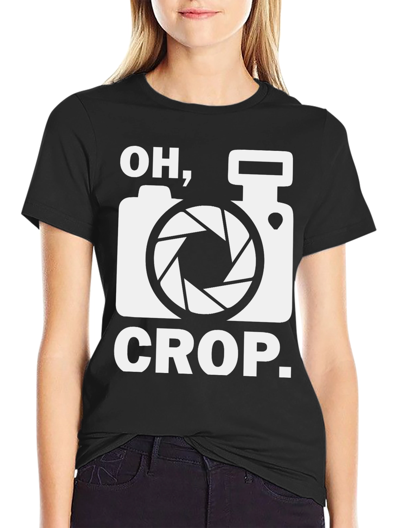 Black Oh Crop Camera Humor T-Shirt view 2