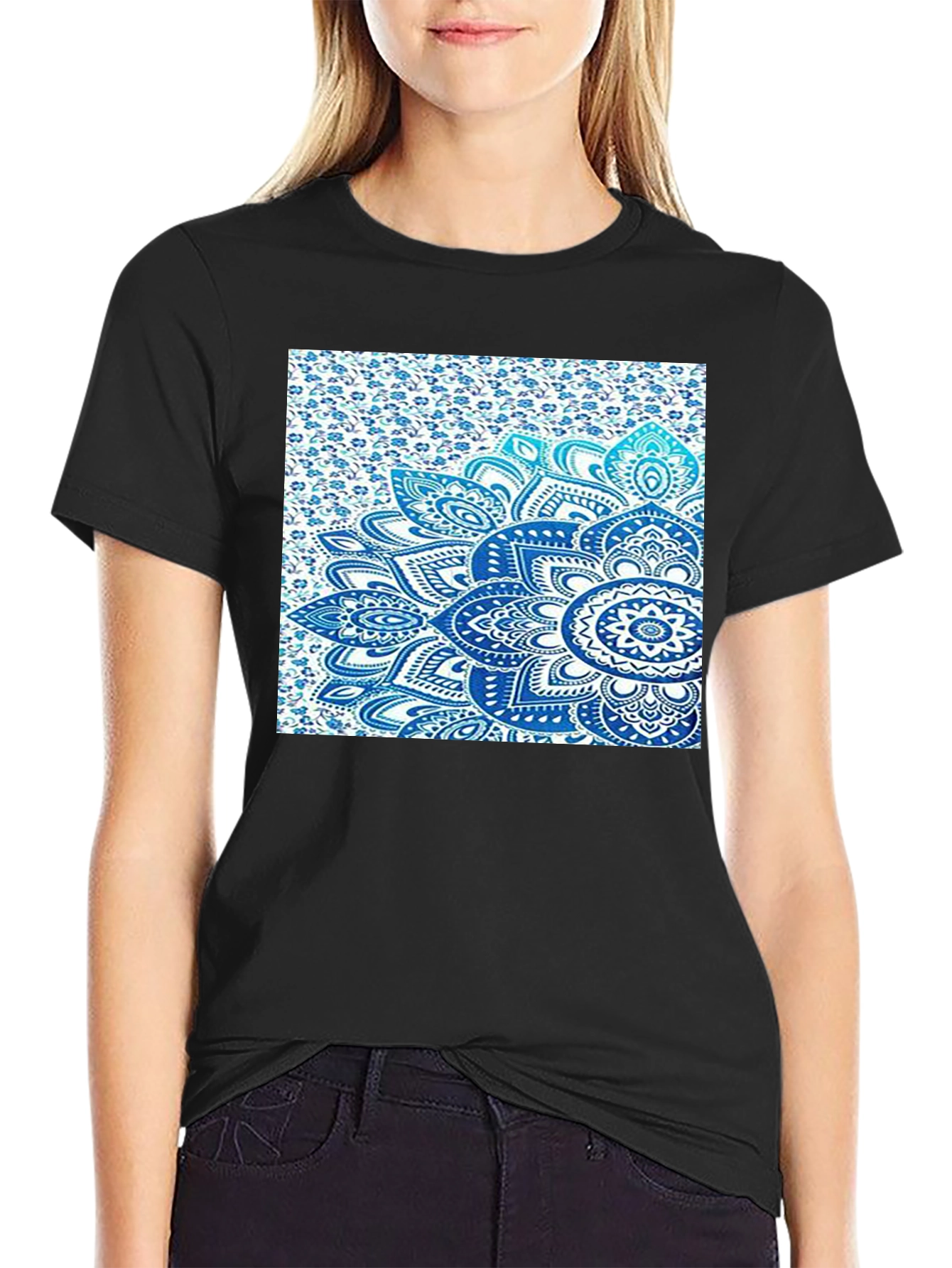 Men's Black Tee with Blue Mandala Print - 2