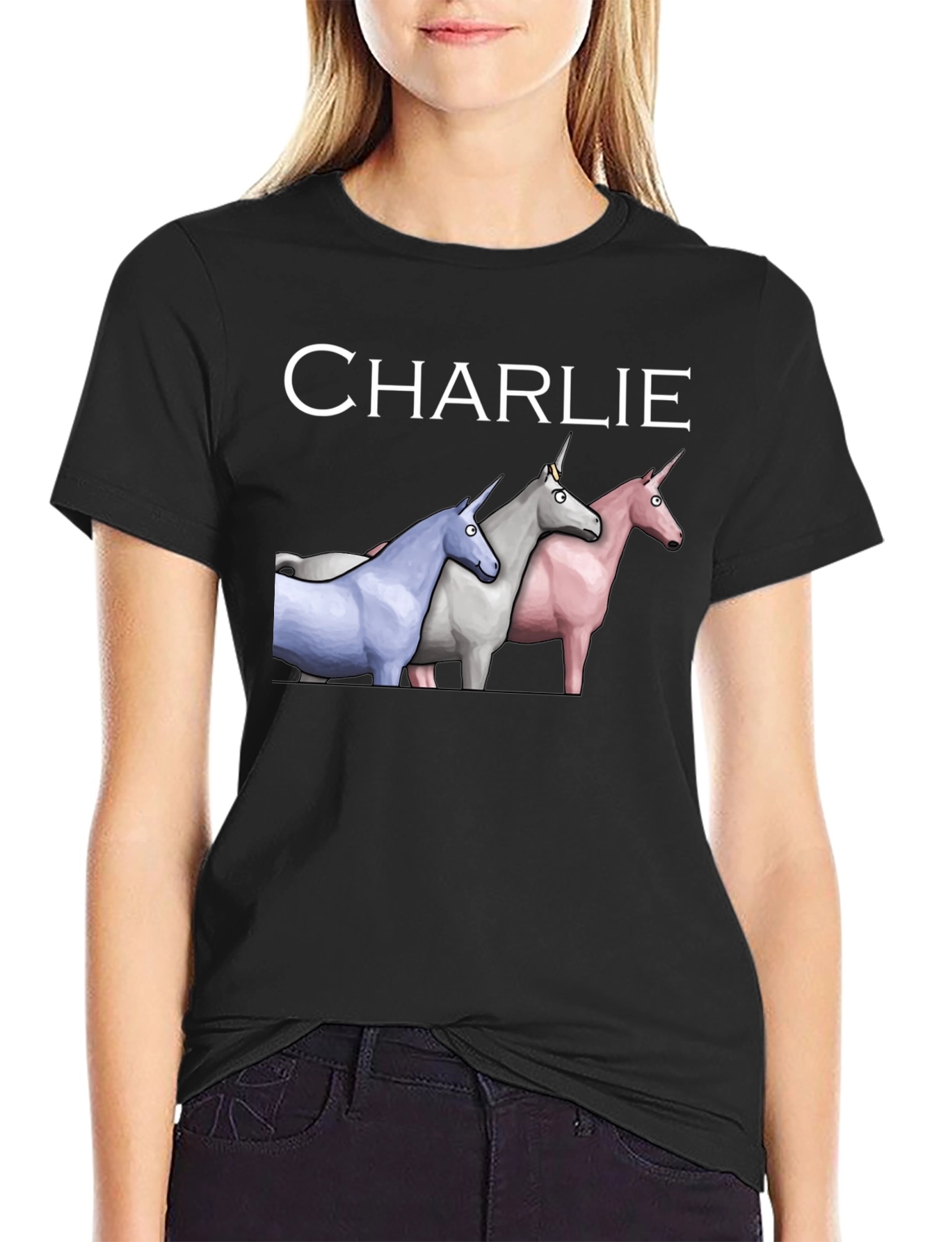 Black Charlie Unicorns Black T-Shirt view 2