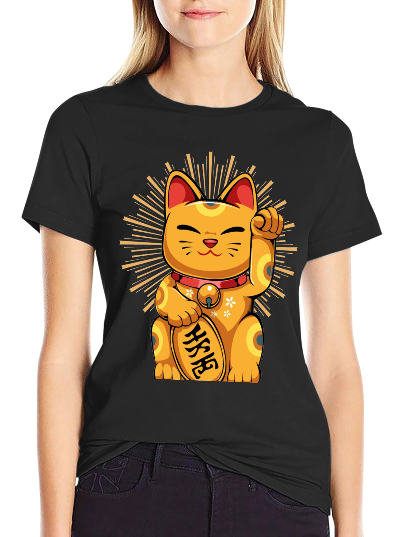 Black Lucky Cat Graphic T-Shirt - Unisex view 2