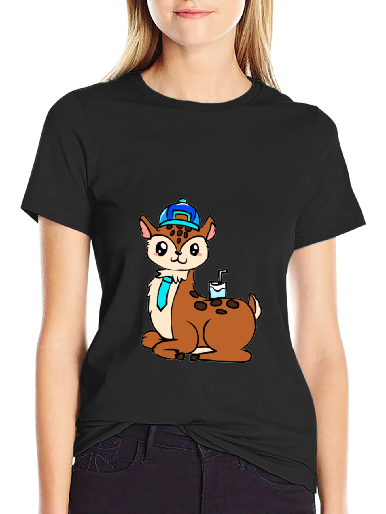 Black Cartoon Deer T-Shirt view 2