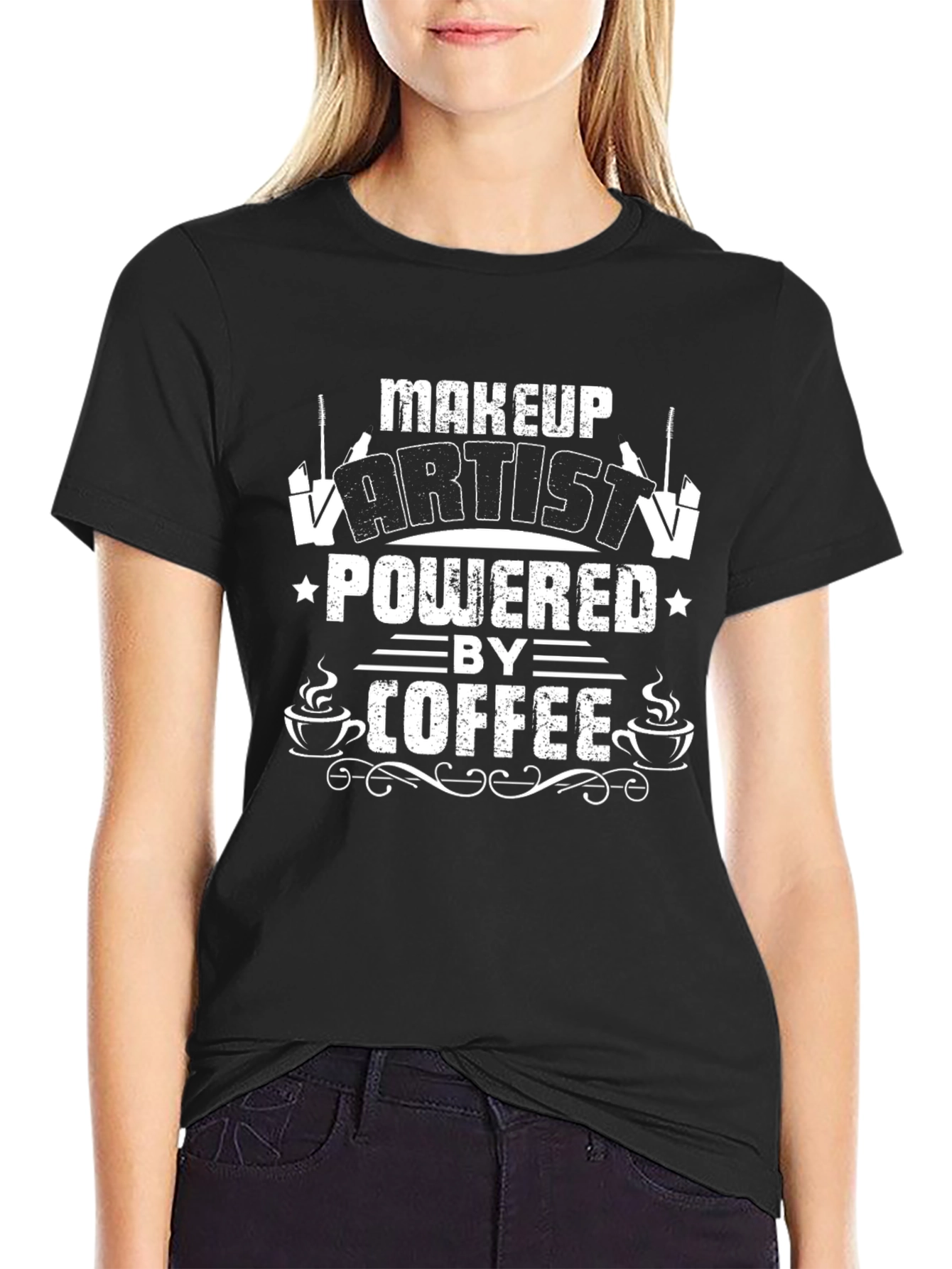Black Makeup Artist Powered by Coffee Graphic T-Shirt view 2