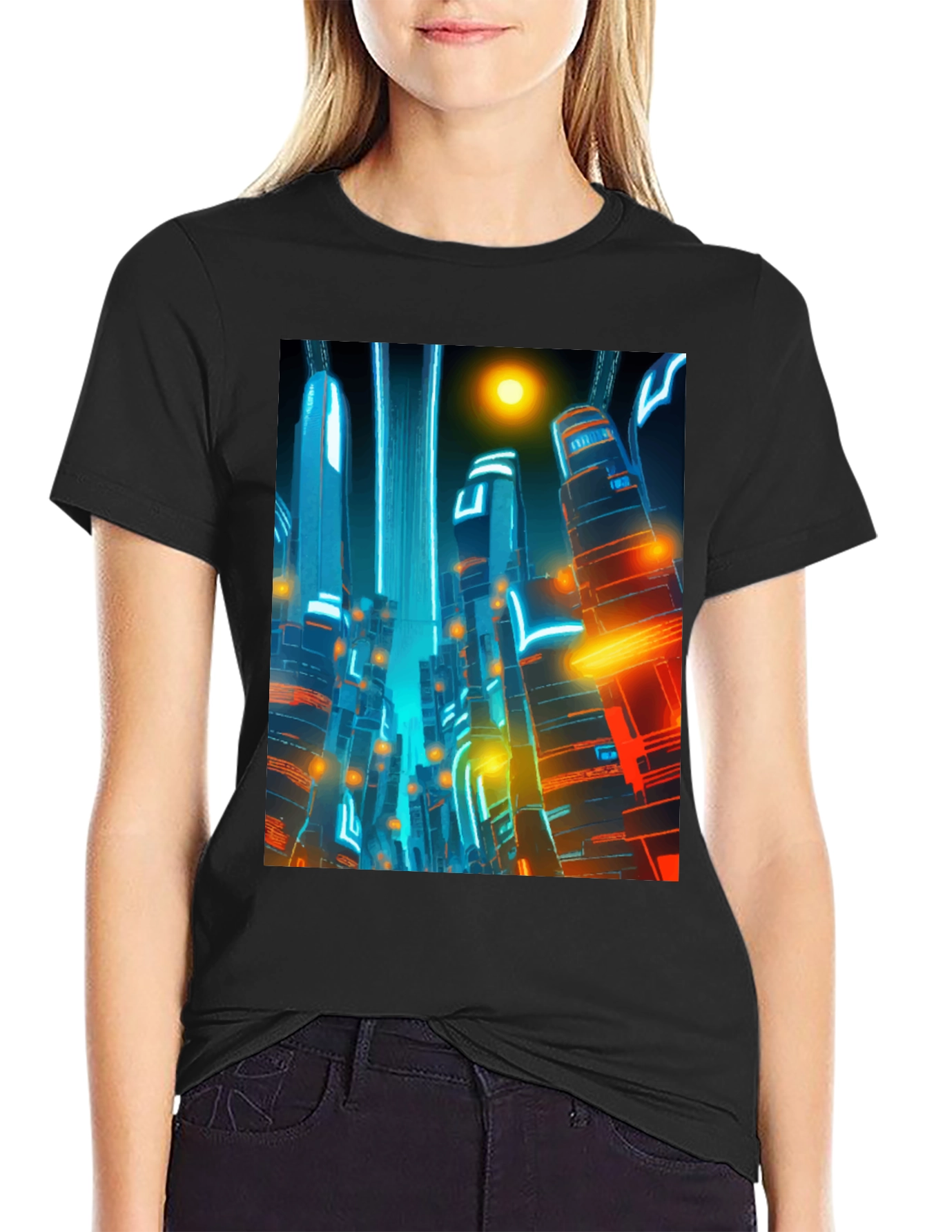 Black Futuristic Cityscape Graphic Tee - Cyberpunk Style Shirt view 2