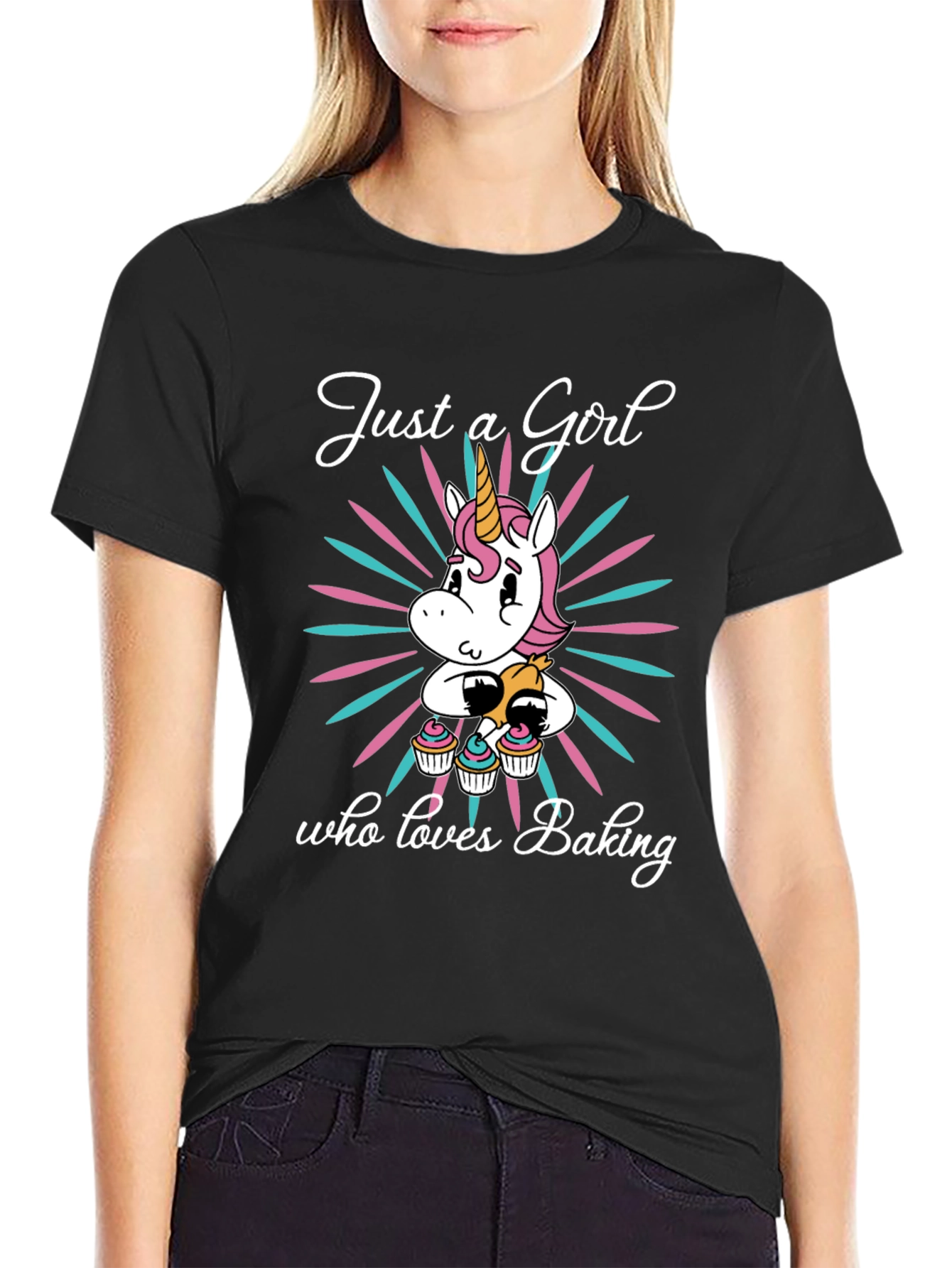 Black Just a Girl Who Loves Baking T-Shirt Unicorn Cupcakes view 2