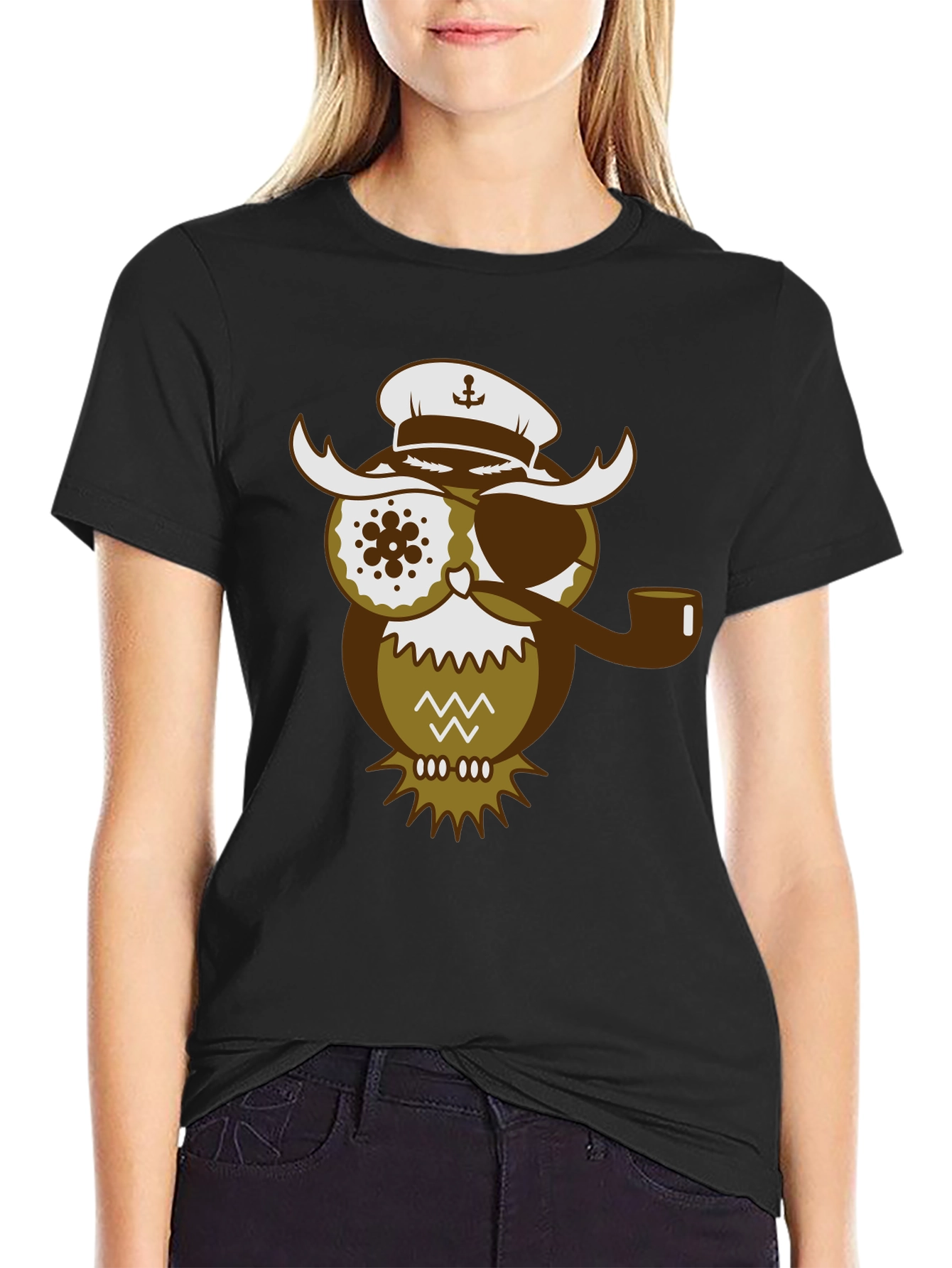 Black Pirate Owl Graphic T-Shirt - Unique Design Tee view 2