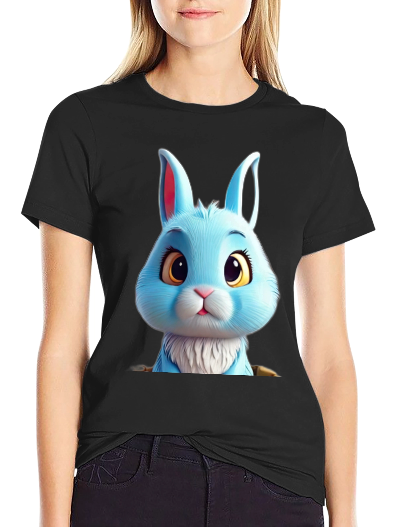 Black Cute Blue Bunny Graphic Tee - Soft & Stylish view 2