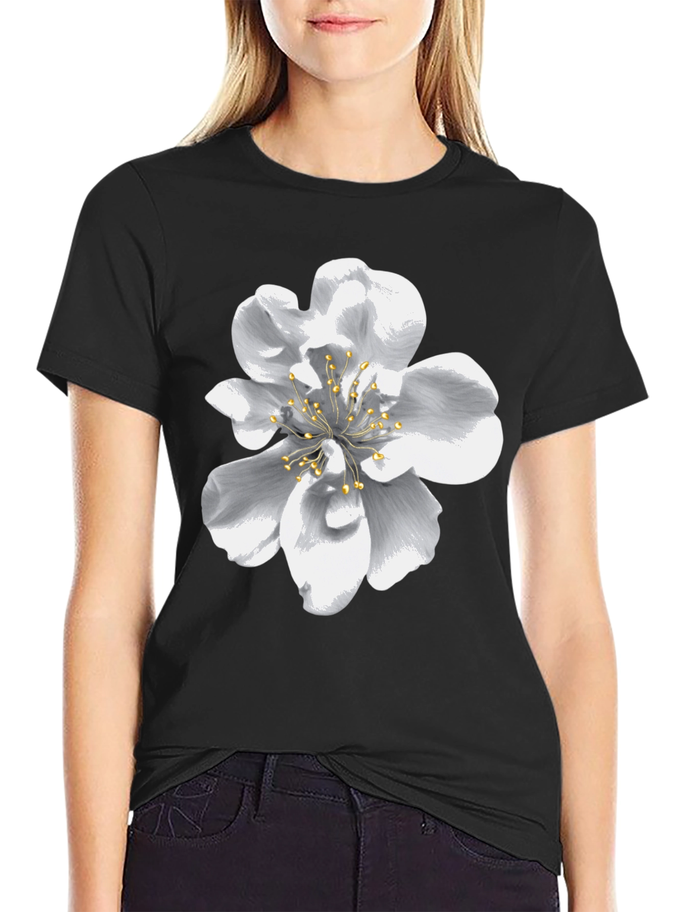 Black Black T-Shirt with Floral Design view 2