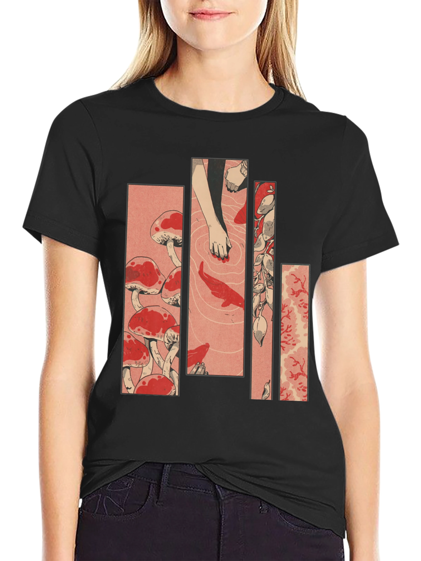 Black Ukiyo-e Style Mushroom & Koi Pond Graphic Tee view 2