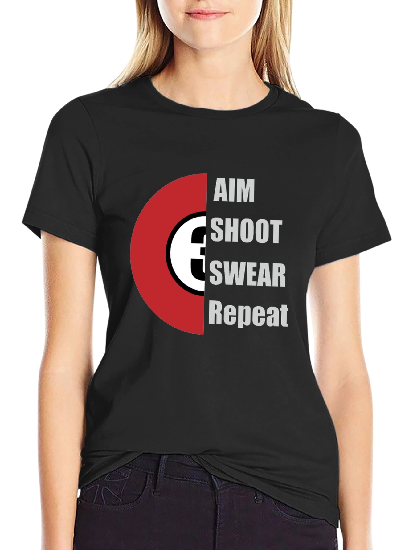 Black Aim Shoot Swear Repeat T-Shirt - Funny Gamer Tee view 2
