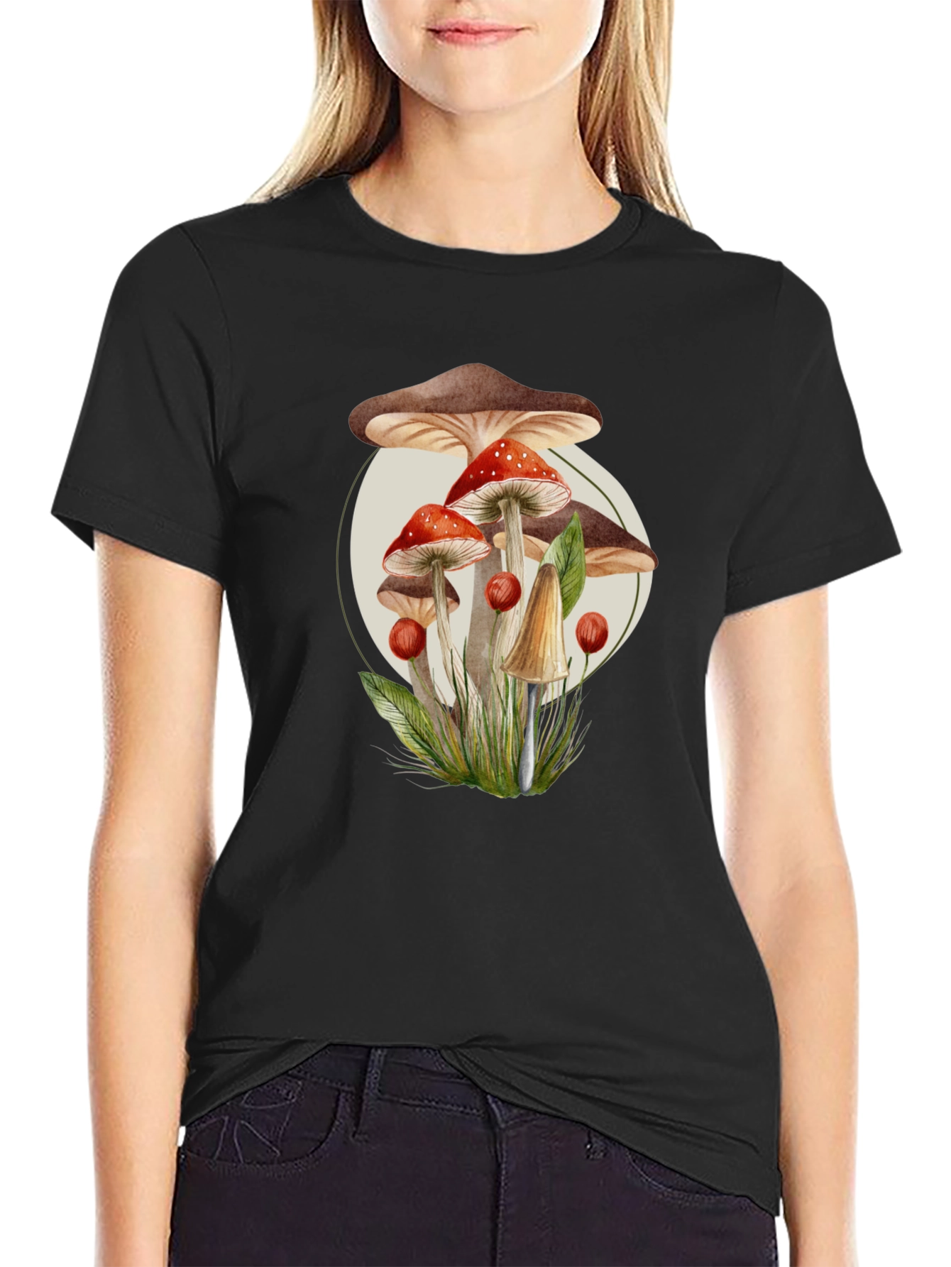 Black Mushroom Print Black T-Shirt - Unique Nature Design view 2