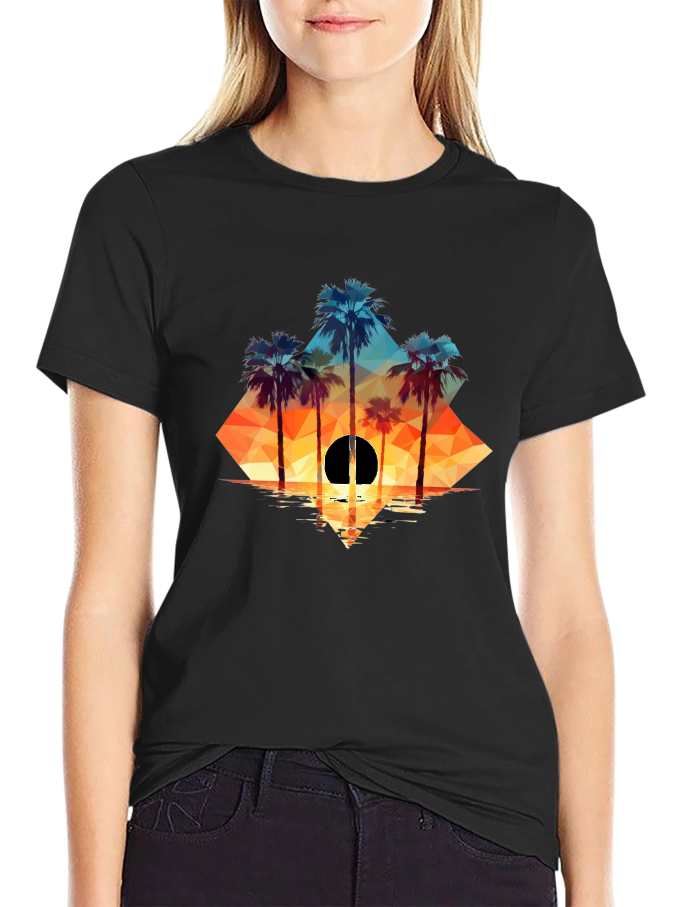 Black Geometric Palm Sunset Tee view 2