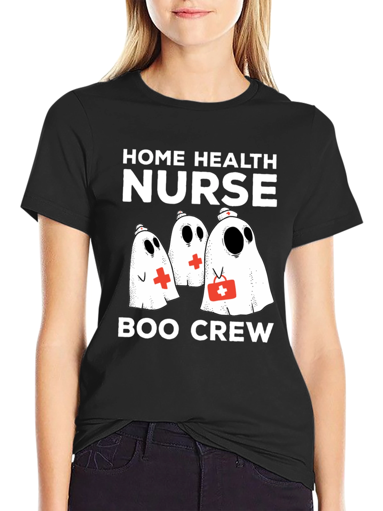 Black Home Health Nurse Boo Crew T-Shirt view 2